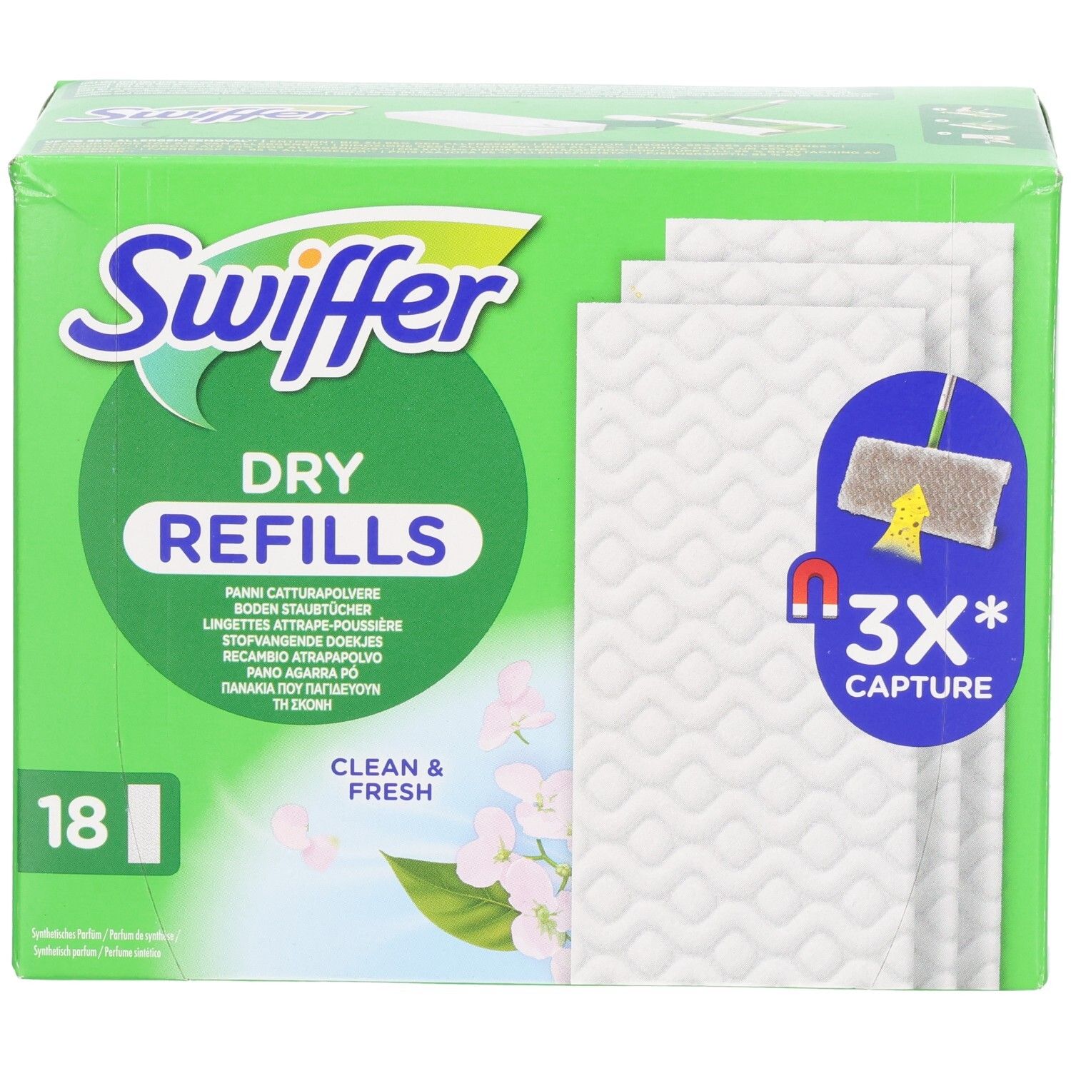Grüne Verpackung mit "Swiffer Dry Refills". 18 Tücher. Weiße Wischtücher sind sichtbar. "3X Capture"-Symbol.