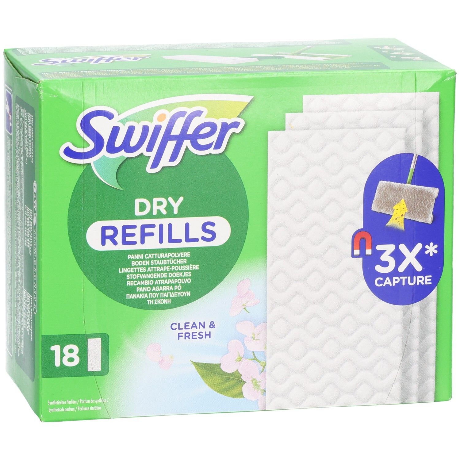 Grüne Verpackung mit "Swiffer Dry Refills". 18 Tücher. Weiße Wischtücher sind sichtbar. "3X Capture"-Symbol.