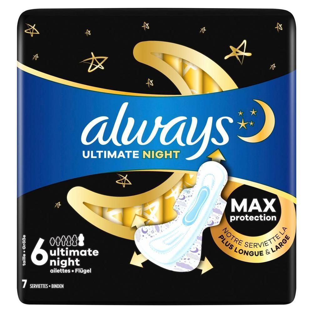 Always Binde Ultimate Night Max Protection mit Flügeln, 7 Stück. Nachtbinden für maximalen Schutz.