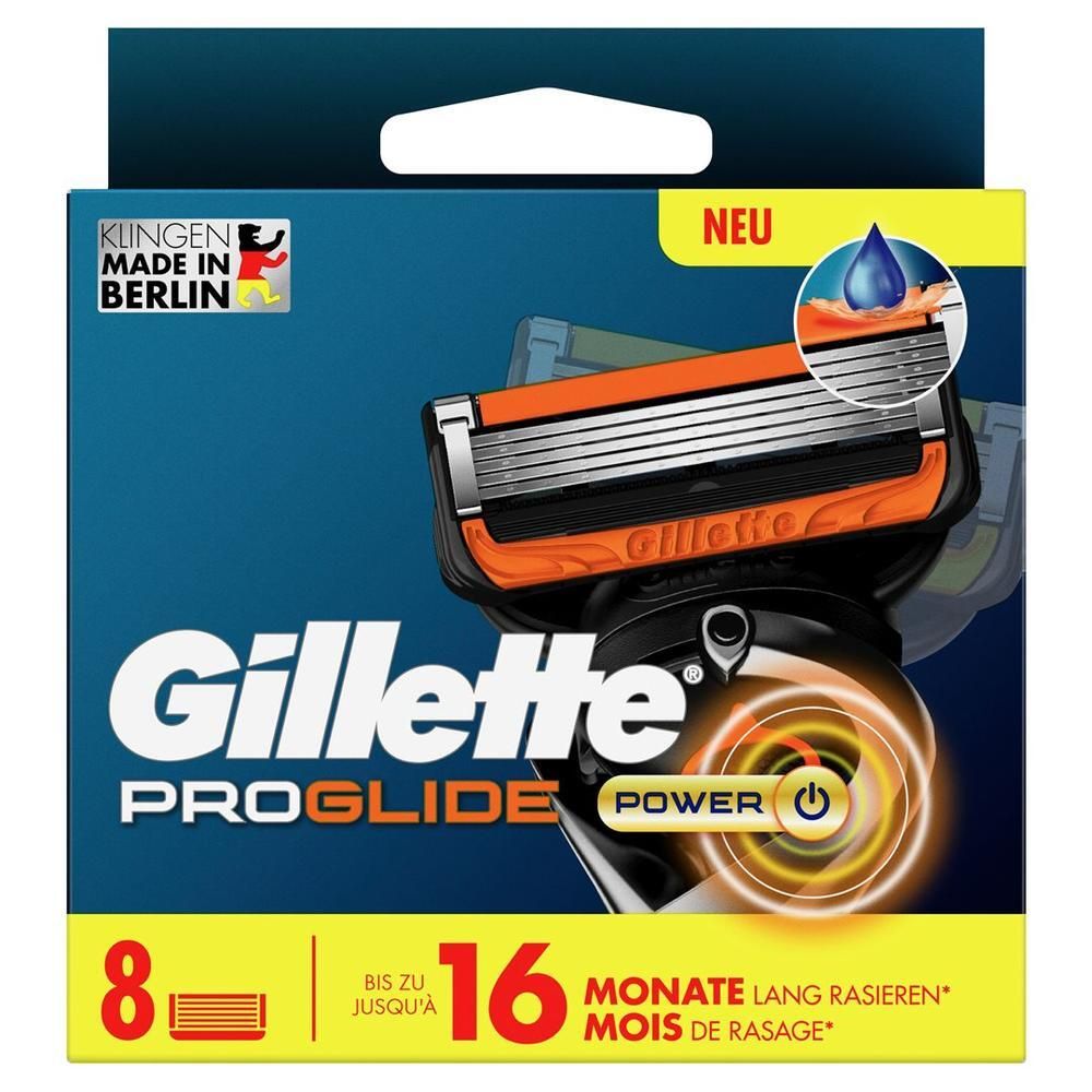 Verpackung mit Rasierklingen. Enthält 8 Klingen. Marke Gillette ProGlide Power. Text: 16 Monate Rasur. Mit Logo und Produktabbildung.