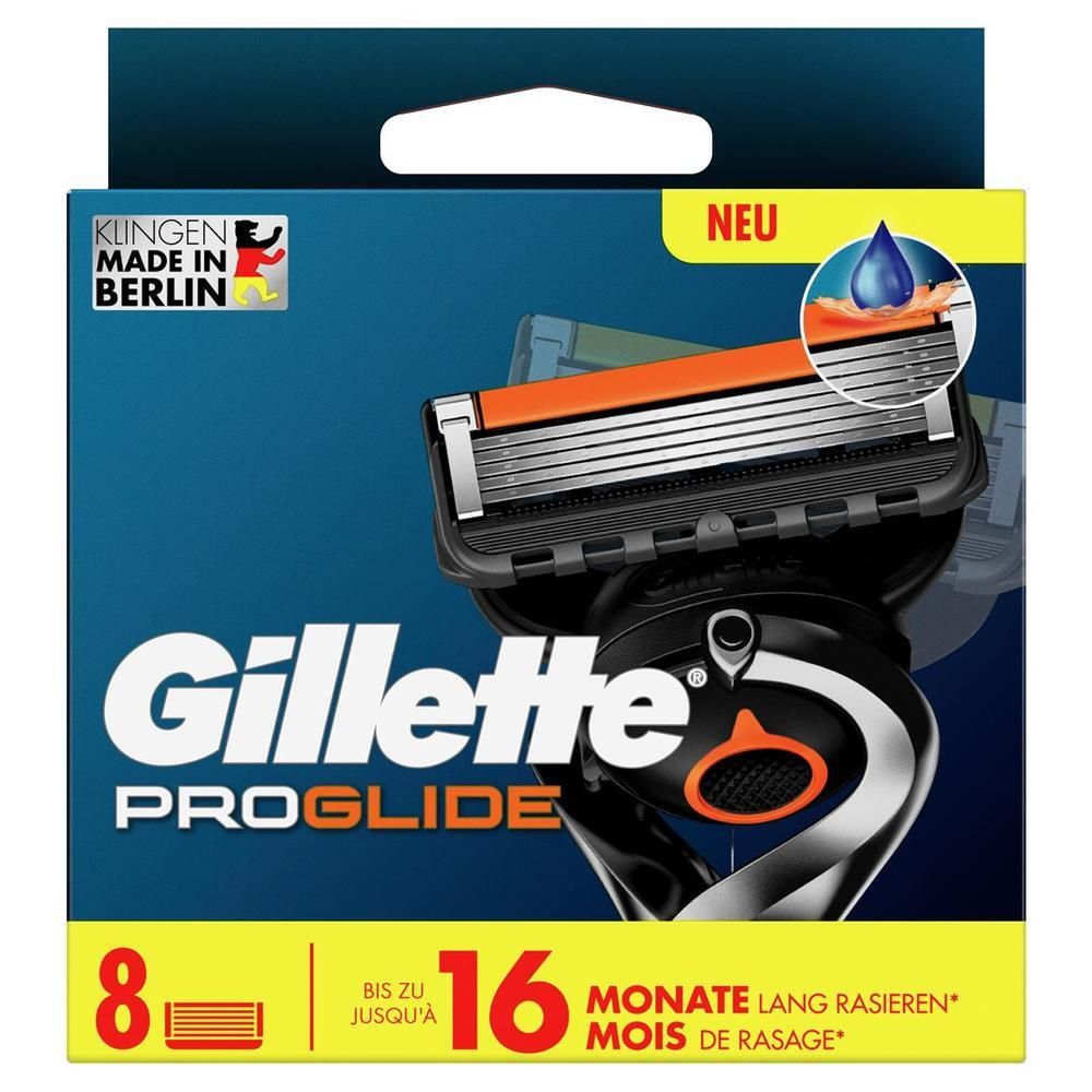 Verpackung mit Rasierklingen. Enthält 8 Klingen. Marke: Gillette ProGlide. Text: 16 Monate Rasur. Hergestellt in Berlin.