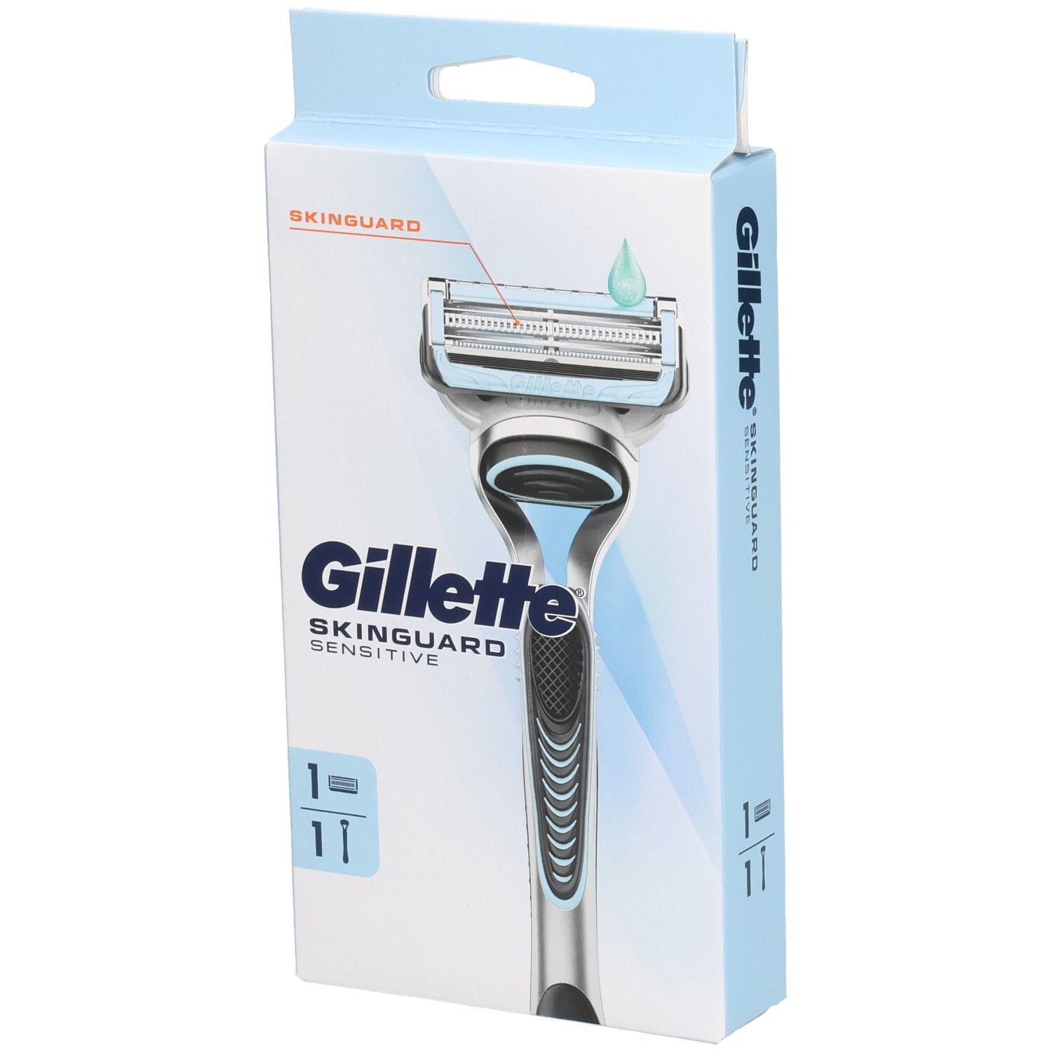 Rasoir Gillette SkinGuard Sensitive en emballage. Emballage bleu clair avec image du rasoir et nom du produit.