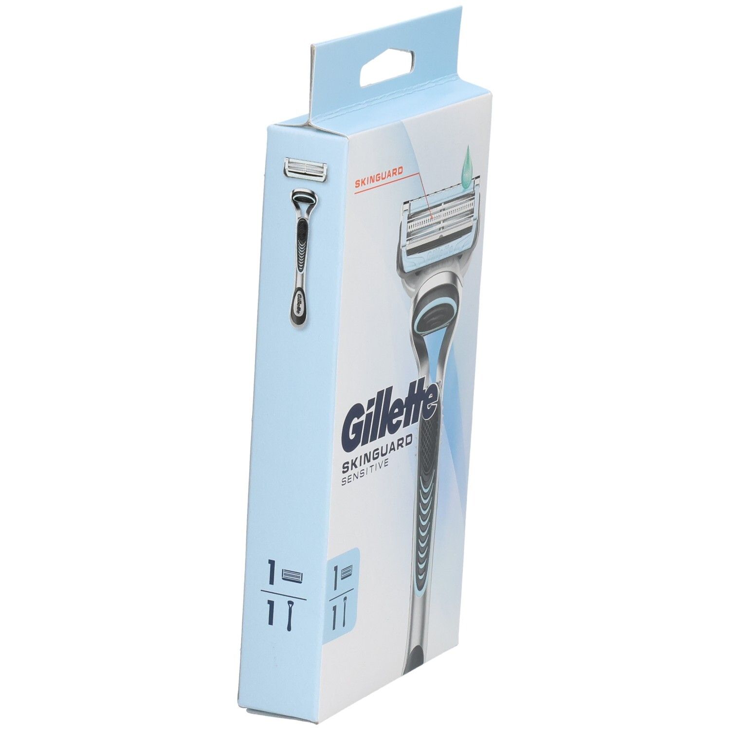 Rasoir Gillette SkinGuard Sensitive en emballage. Vue latérale de l'emballage bleu clair avec image du rasoir.