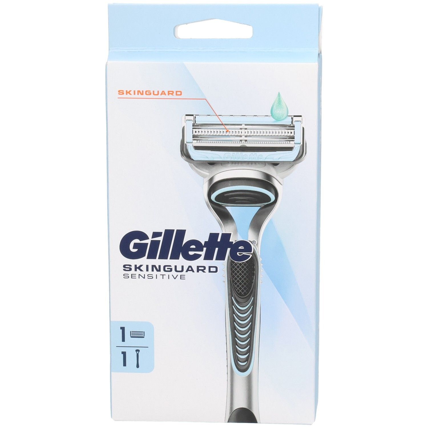 Rasoir Gillette SkinGuard Sensitive en emballage. Emballage bleu clair avec image du rasoir et nom du produit.