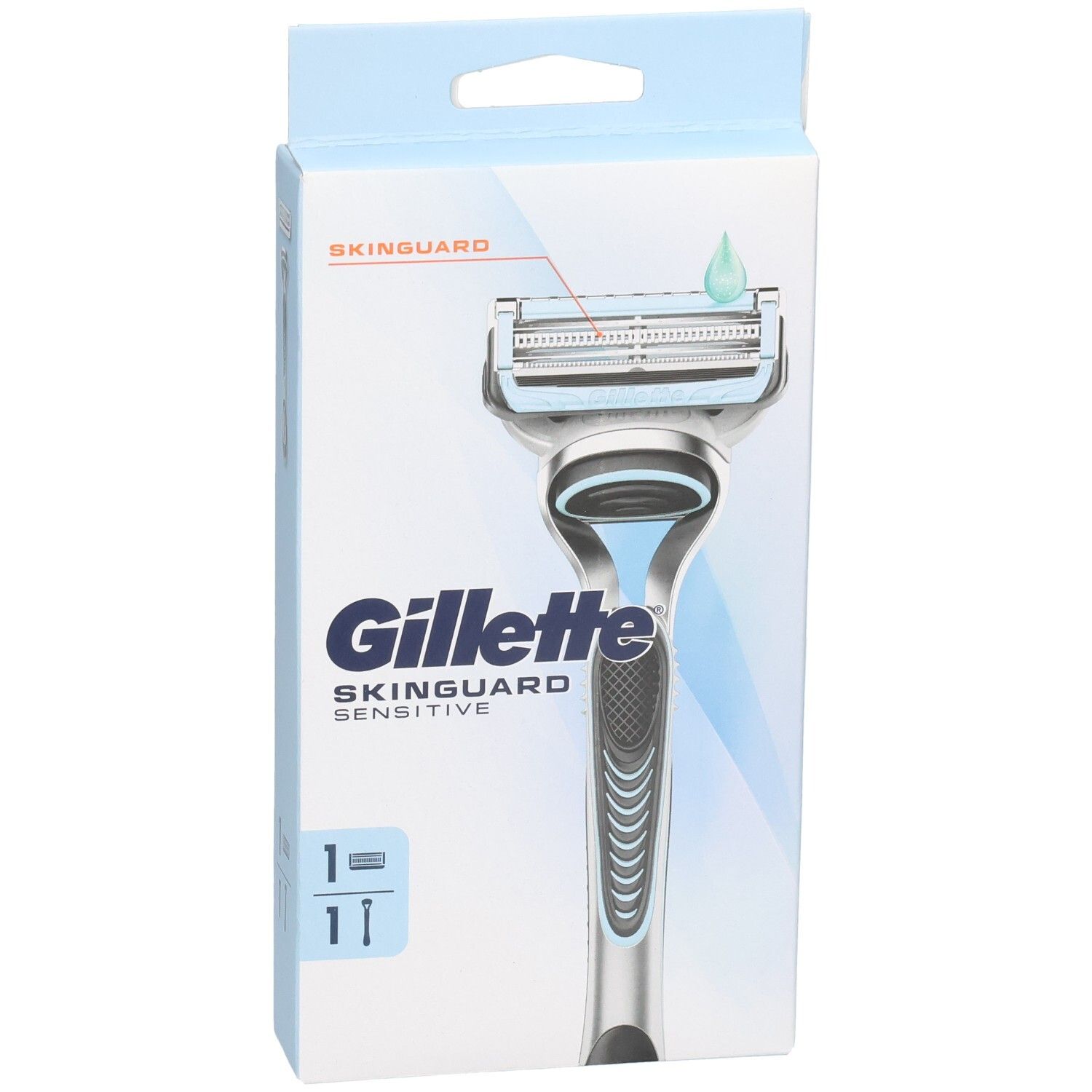 Rasoir Gillette SkinGuard Sensitive en emballage. Emballage bleu clair avec image du rasoir et nom du produit.
