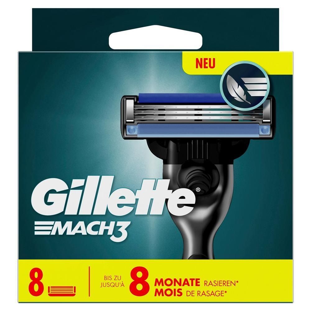 Gillette Mach3 Systemklingen-Packung. Enthält Rasierklingen und Rasierer. Verpackung mit Produktnamen und Logo. Enthält 8 Klingen.