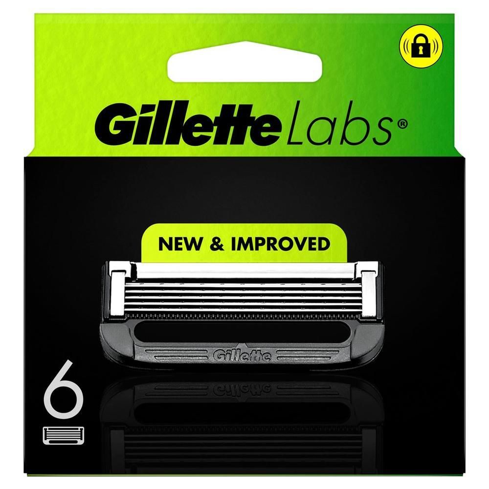 Verpackung mit GilletteLabs Rasierklingen. Schwarze Schachtel mit 6 Klingen. Aufschrift: New & Improved. Gelb-grüner Hintergrund.
