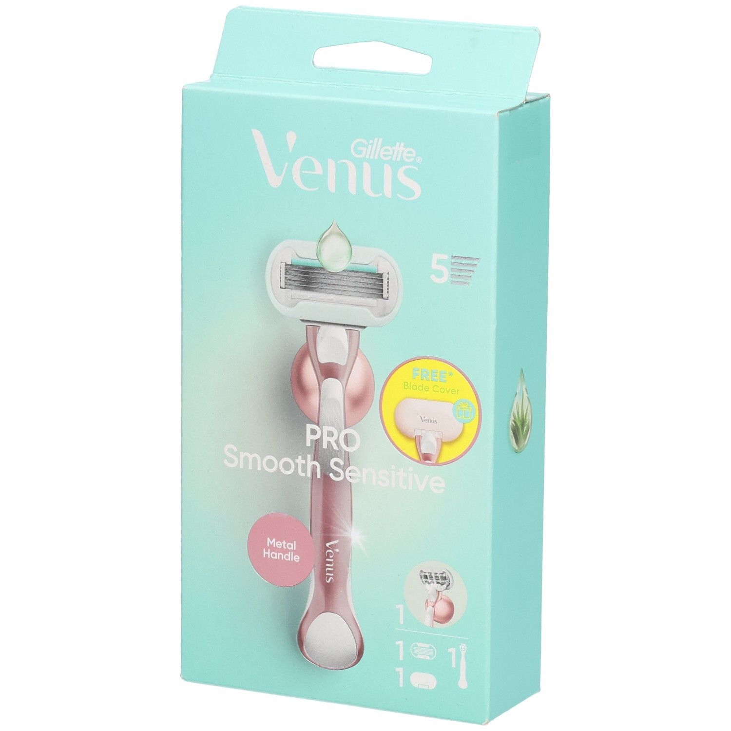 Verpackung mit Rasierer. Marke: Gillette Venus. Rosa Rasierer mit 5 Klingen. Aufschrift: Pro Smooth Sensitive. Metallgriff.