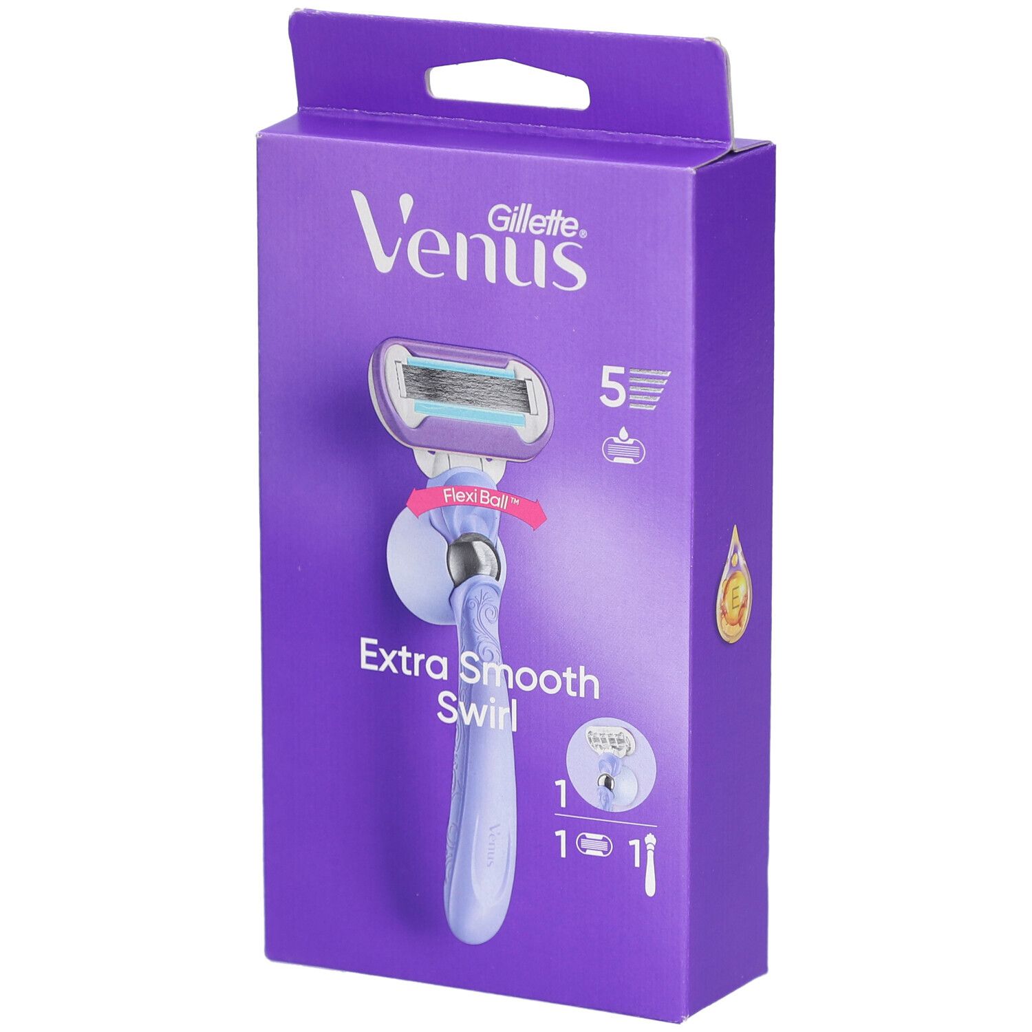 Emballage violet avec rasoir. Inscription: Venus Gillette, Extra Smooth Swirl. Rasoir avec 5 lames et technologie FlexiBall.