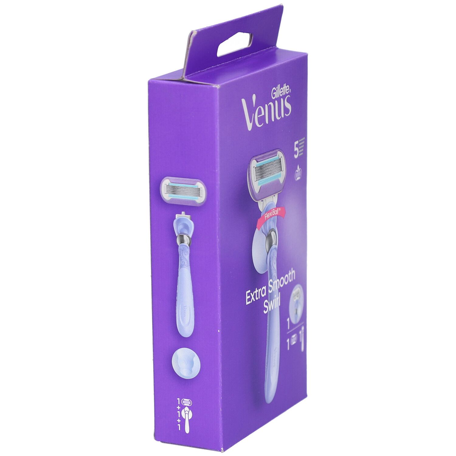 Emballage violet, vue latérale. Inscription: Venus Gillette, Extra Smooth Swirl. Illustration du rasoir.