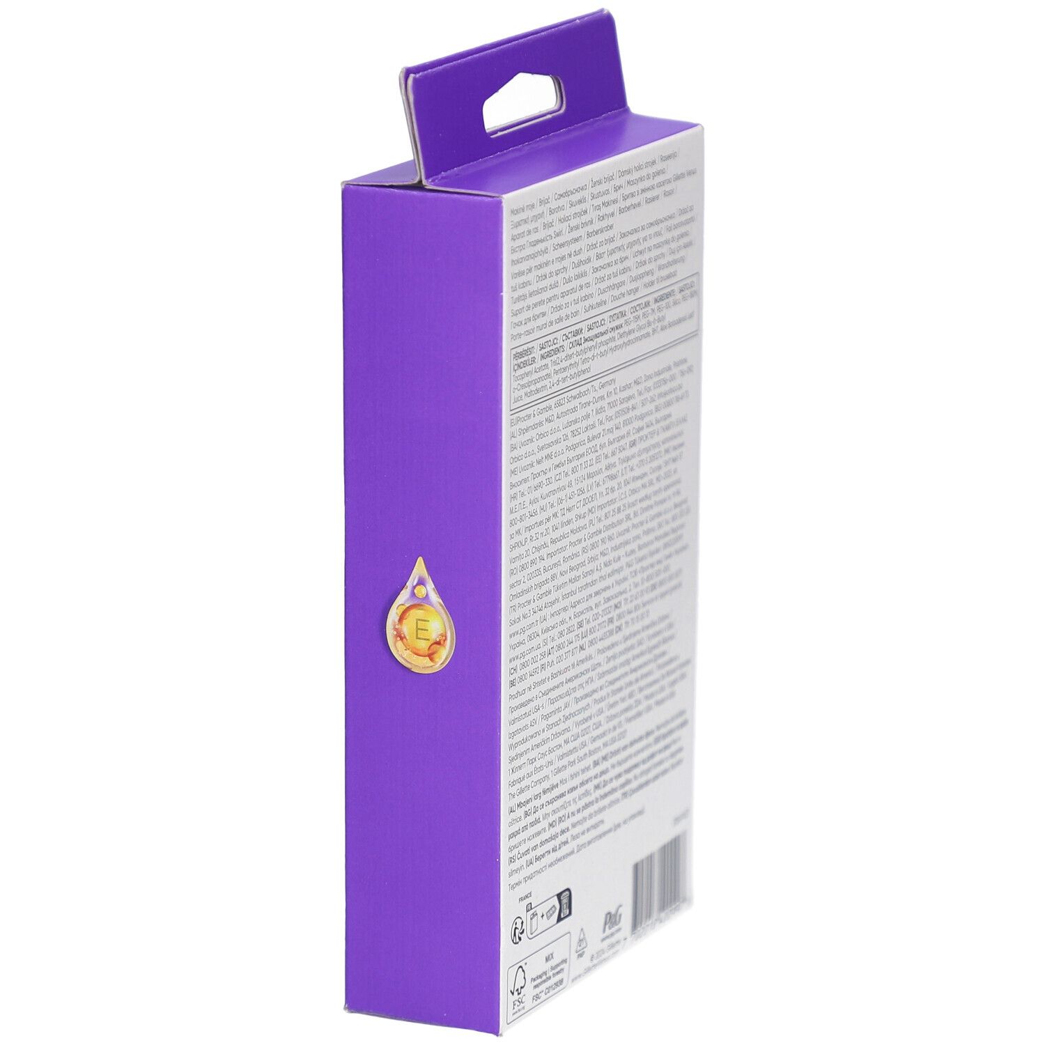 Vue latérale de l'emballage violet. Texte et logo. Goutte dorée avec la lettre E.