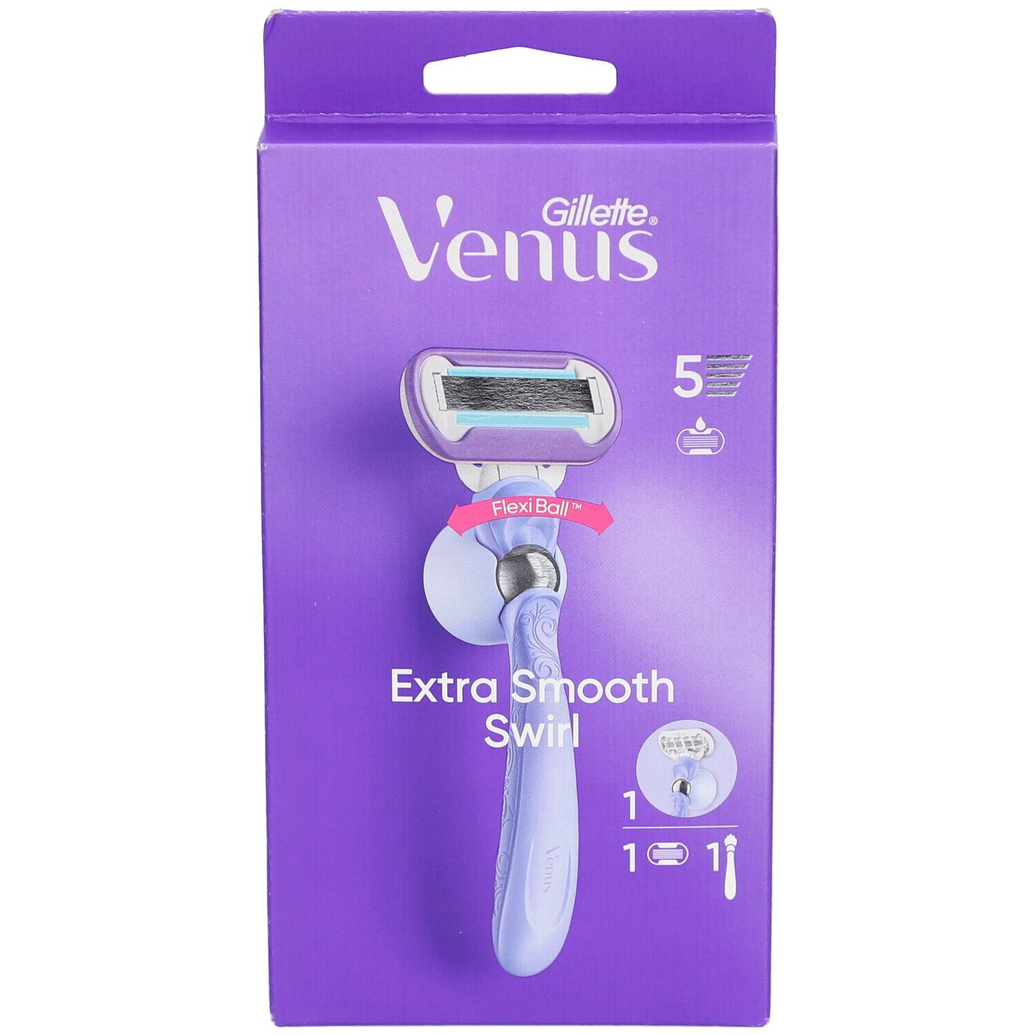 Emballage violet avec rasoir. Inscription: Venus Gillette, Extra Smooth Swirl. Rasoir avec 5 lames et technologie FlexiBall.