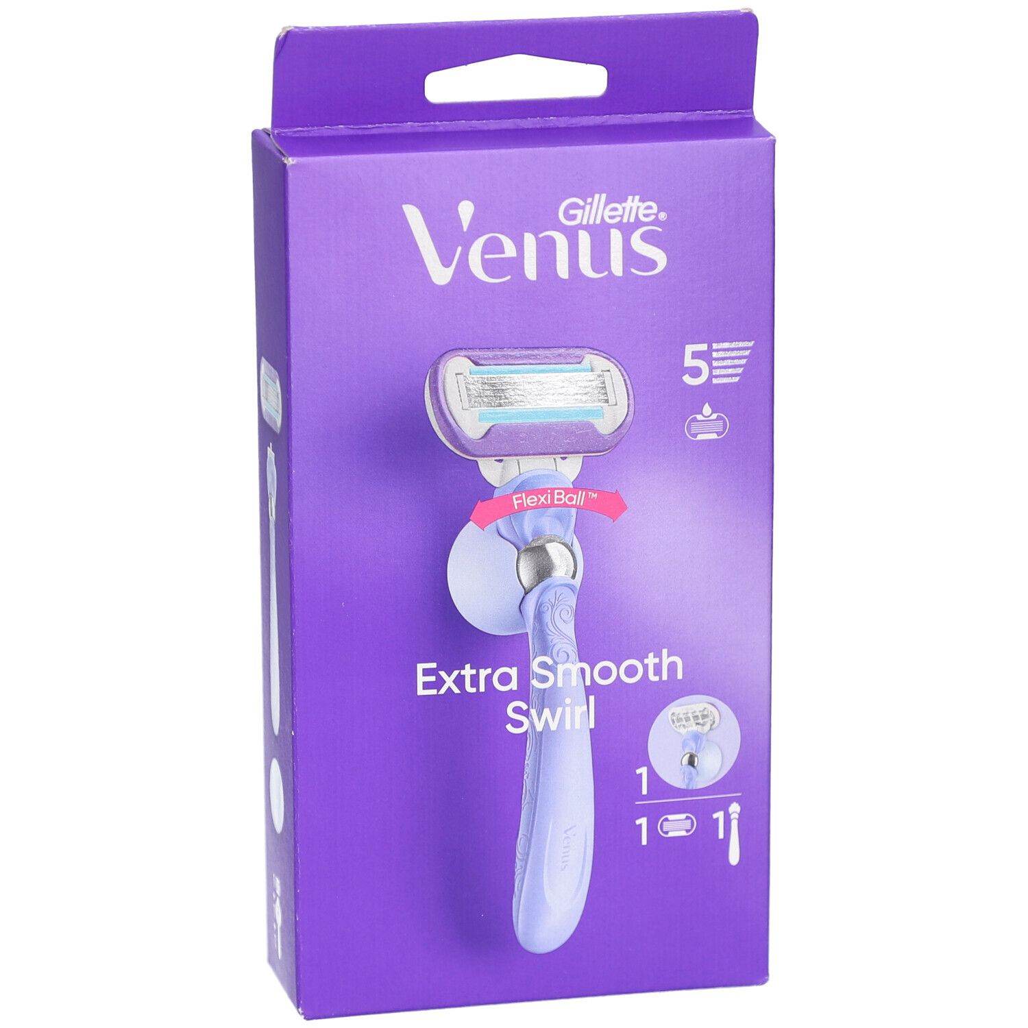 Emballage violet avec rasoir. Inscription: Venus Gillette, Extra Smooth Swirl. Rasoir avec 5 lames et technologie FlexiBall.