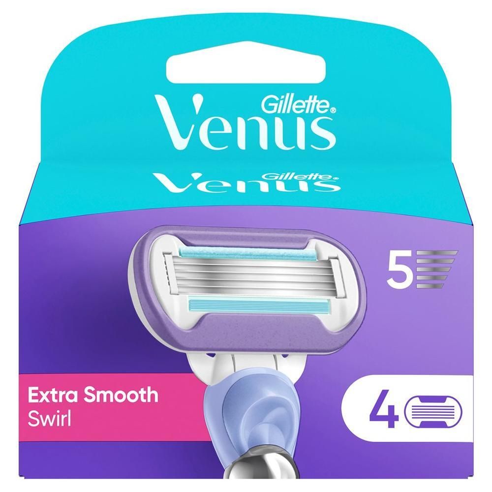Emballage de lames de rasoir Gillette Venus. Texte: Extra Smooth Swirl, 5 lames, 4 pièces. Couleurs: violet, bleu, blanc.