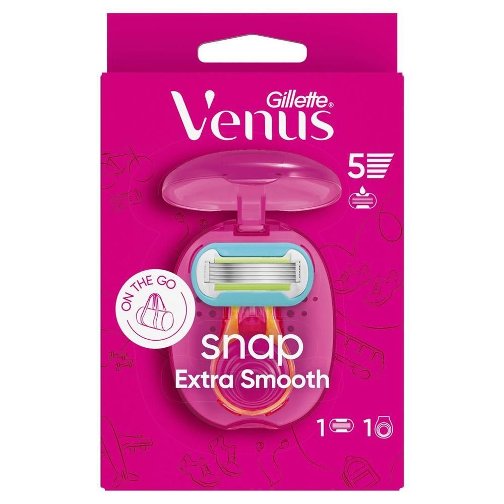 Rasoir Gillette Venus Snap dans un emballage rose. Comprend un rasoir et un capuchon. Inscriptions: Venus, Snap, Extra Smooth.