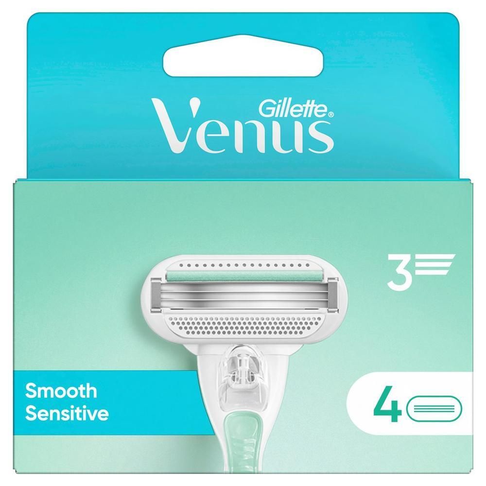 Paquet de lames de rasoir. Marque Venus Gillette. Inscription : Smooth Sensitive. Contient 4 lames. Symbole 3 lames.