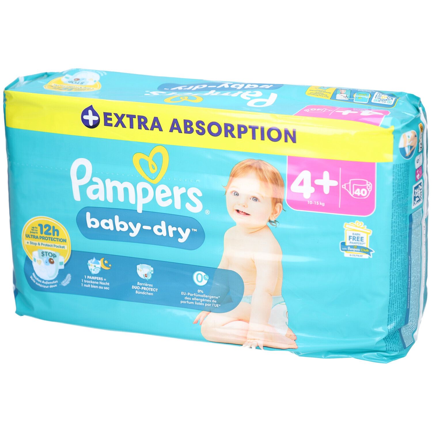 Pampers Baby-Dry Windeln, Packung mit 40 Stück, Größe 4+. Extra Absorption. Baby auf der Verpackung.