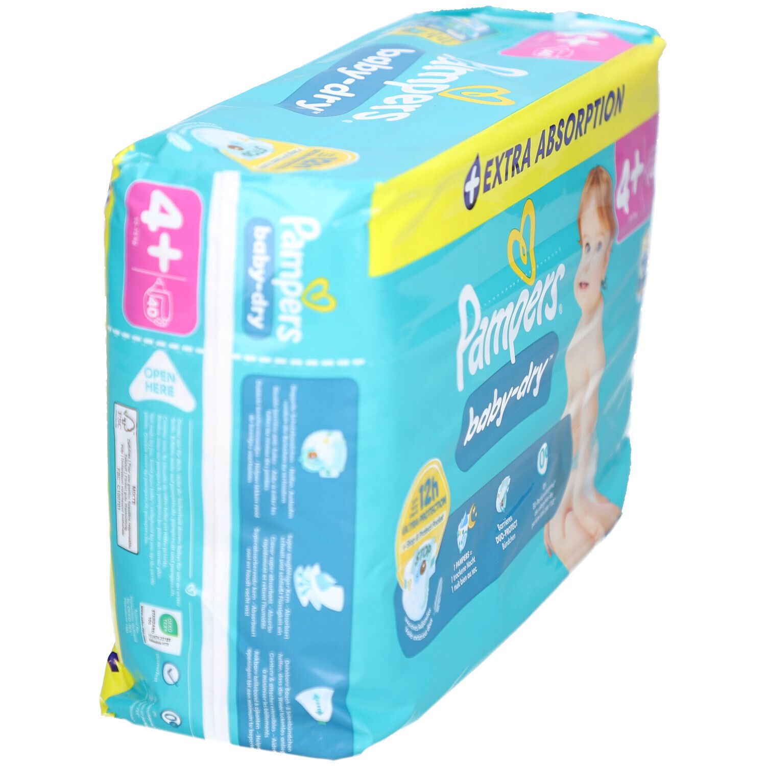Pampers Baby-Dry Windelpackung, Größe 4+, 40 Stück. Extra Absorption. Seitenansicht der Verpackung.