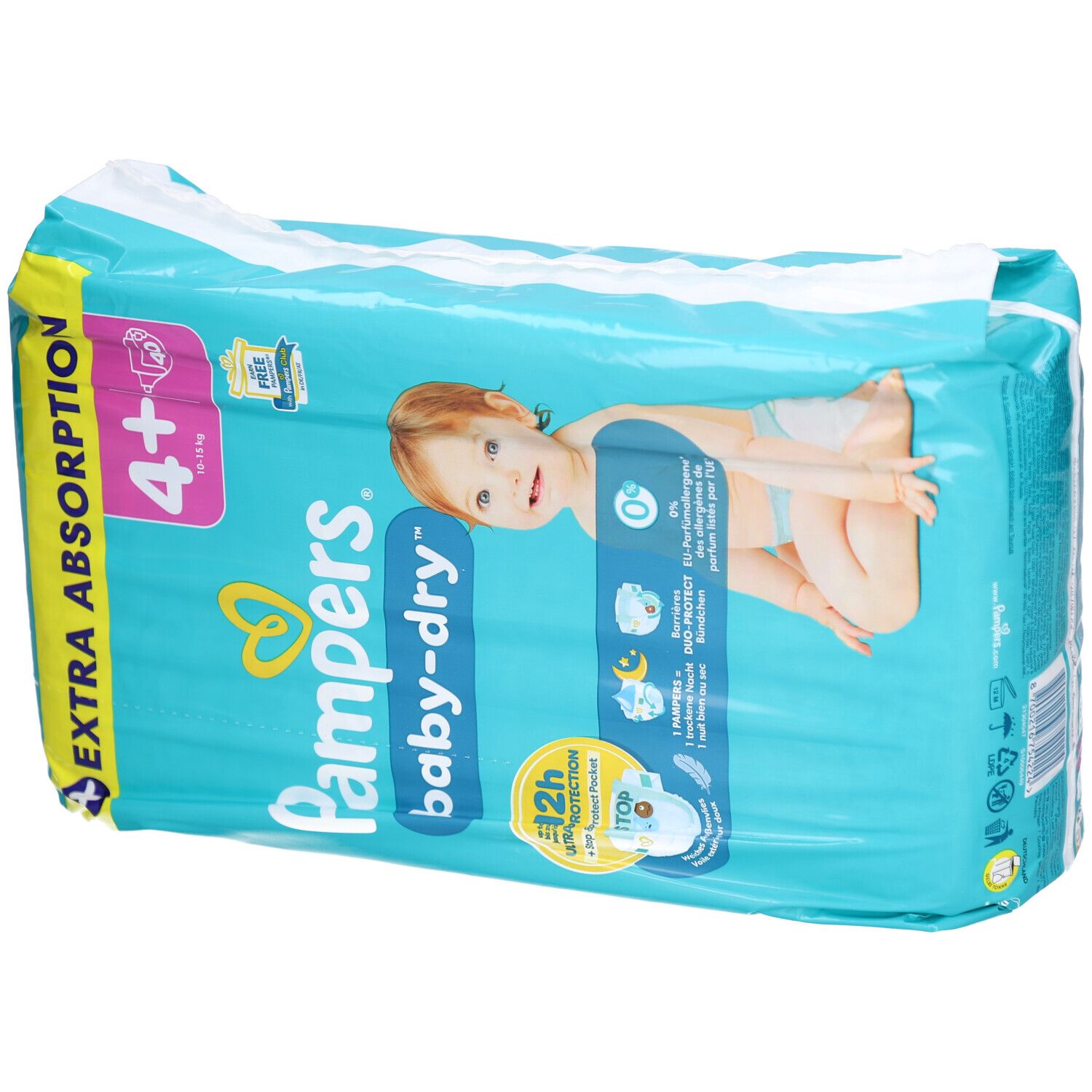 Pampers Baby-Dry Windeln, Packung mit 40 Stück, Größe 4+. Extra Absorption. Baby auf der Verpackung.