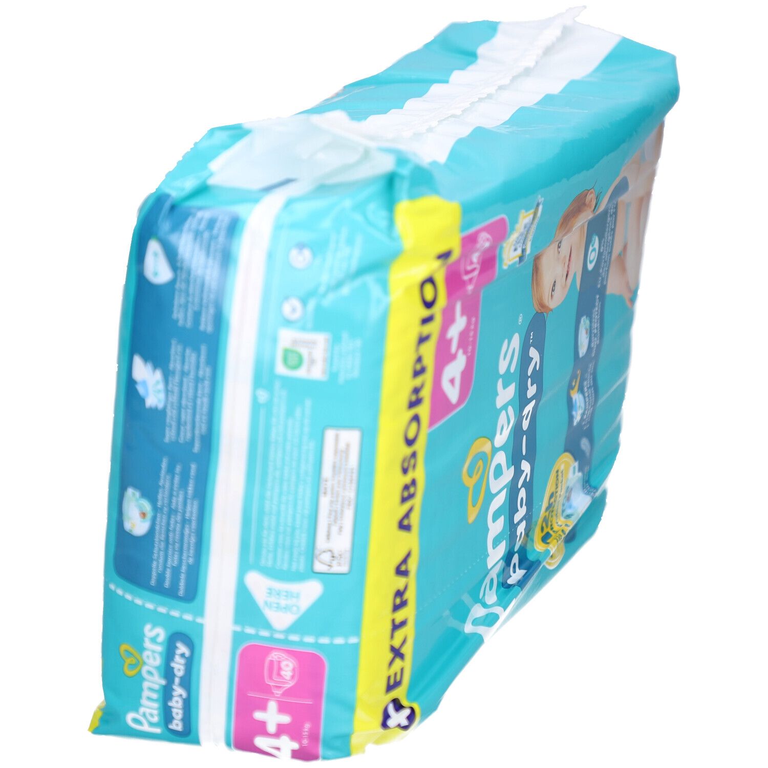 Pampers Baby-Dry Windelpackung, Größe 4+, 40 Stück. Extra Absorption. Schräge Ansicht der Verpackung.