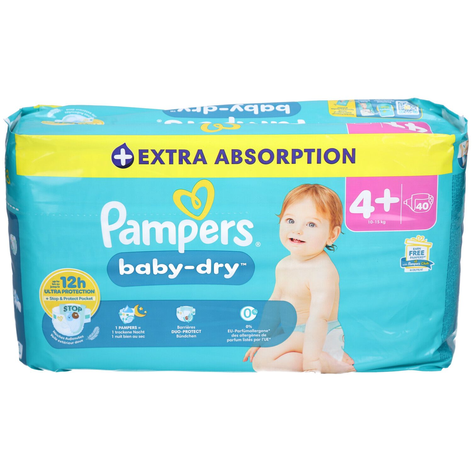 Pampers Baby-Dry Windeln, Packung mit 40 Stück, Größe 4+. Extra Absorption. Baby auf der Verpackung.