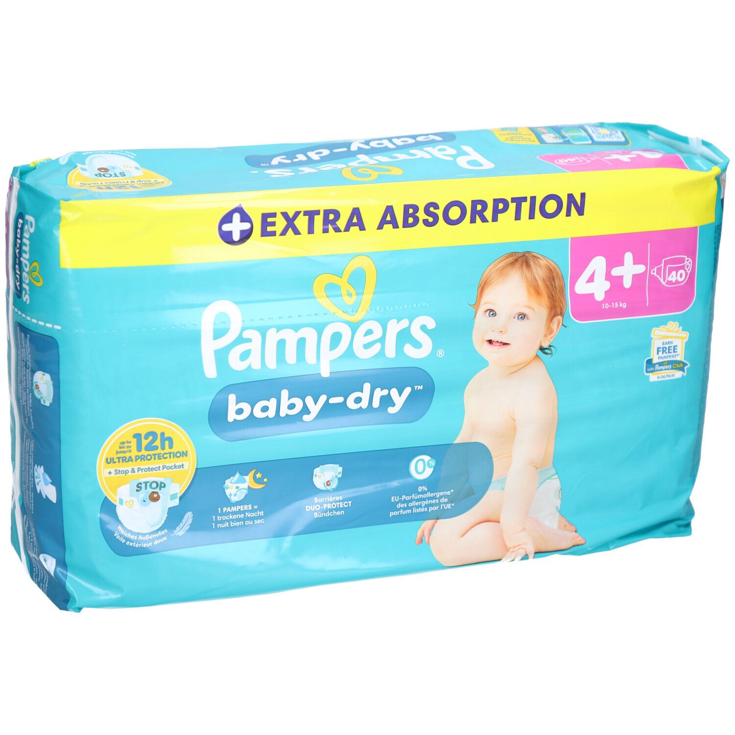 Pampers Baby-Dry Windeln, Packung mit 40 Stück, Größe 4+. Extra Absorption. Baby auf der Verpackung.