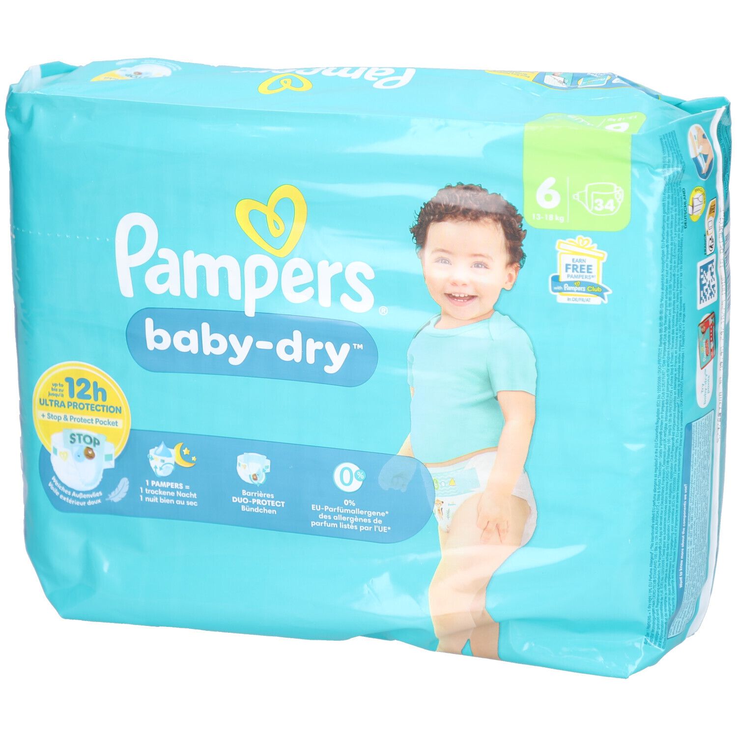 Pampers Baby-Dry Windeln, Größe 6, Packung. Hellblaue Verpackung mit Babyabbildung. Produktinformationen und Logos.