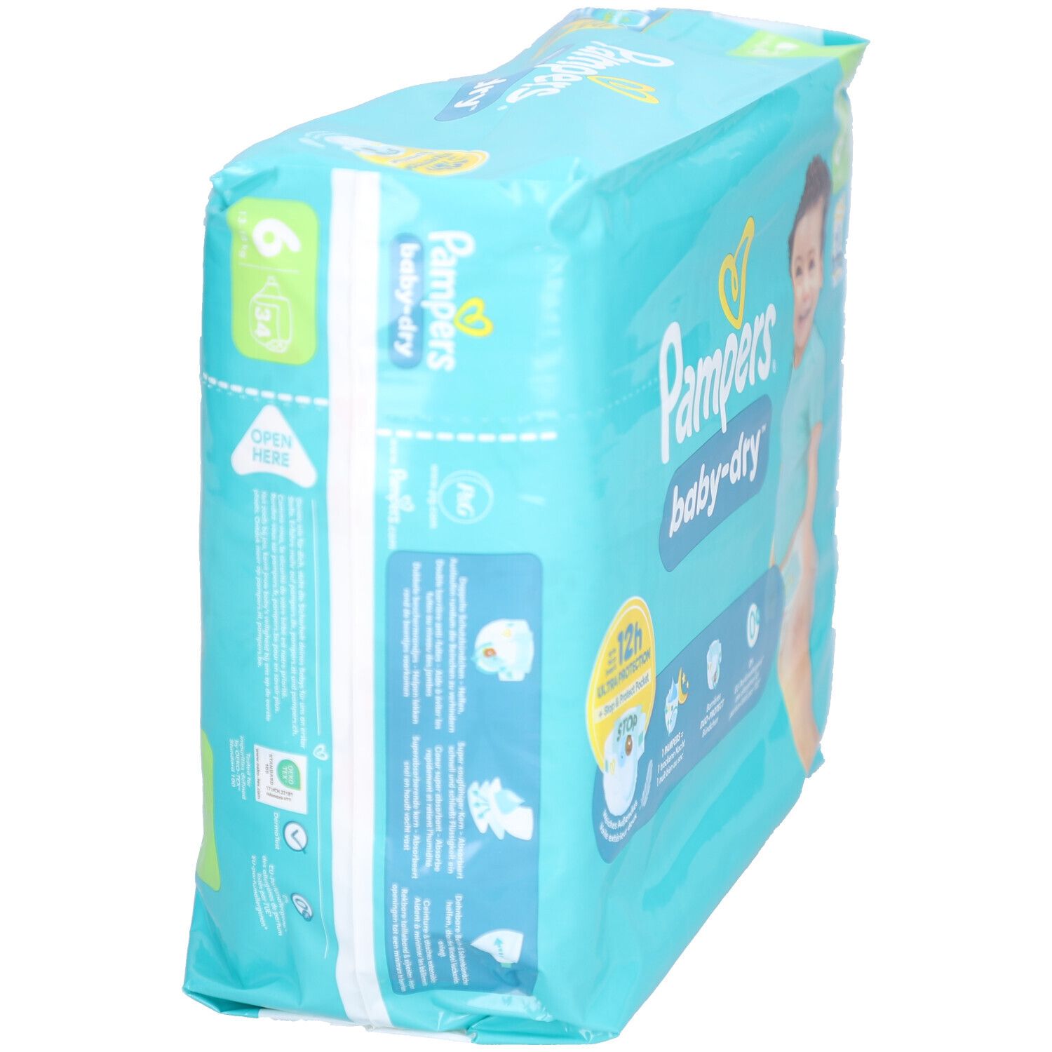 Pampers Baby-Dry Windelpackung, Größe 6. Seitenansicht der Verpackung. Produktname, Logos und Informationen.