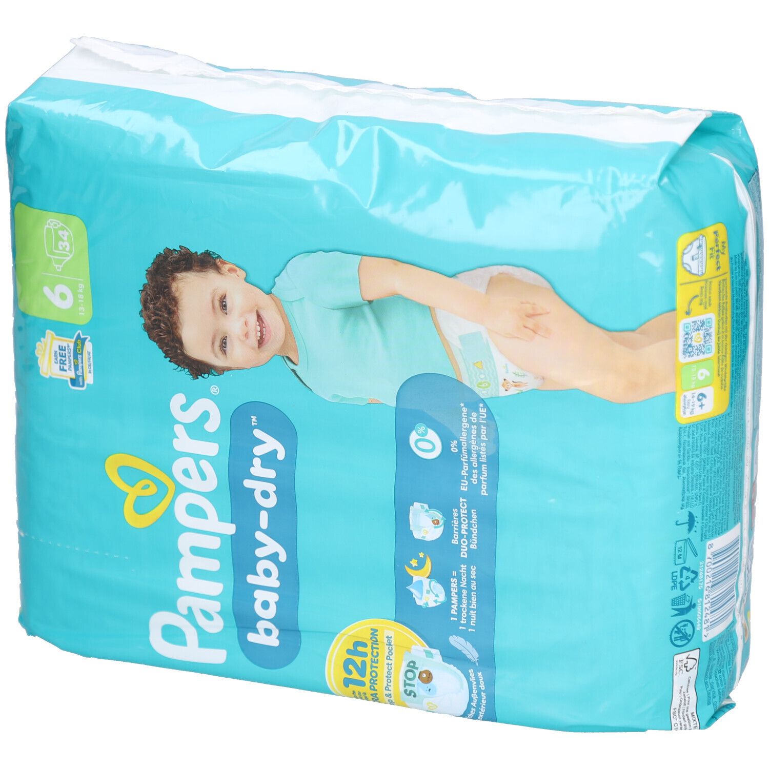 Pampers Baby-Dry Windeln, Größe 6, Packung. Hellblaue Verpackung mit Babyabbildung. Produktinformationen und Logos.