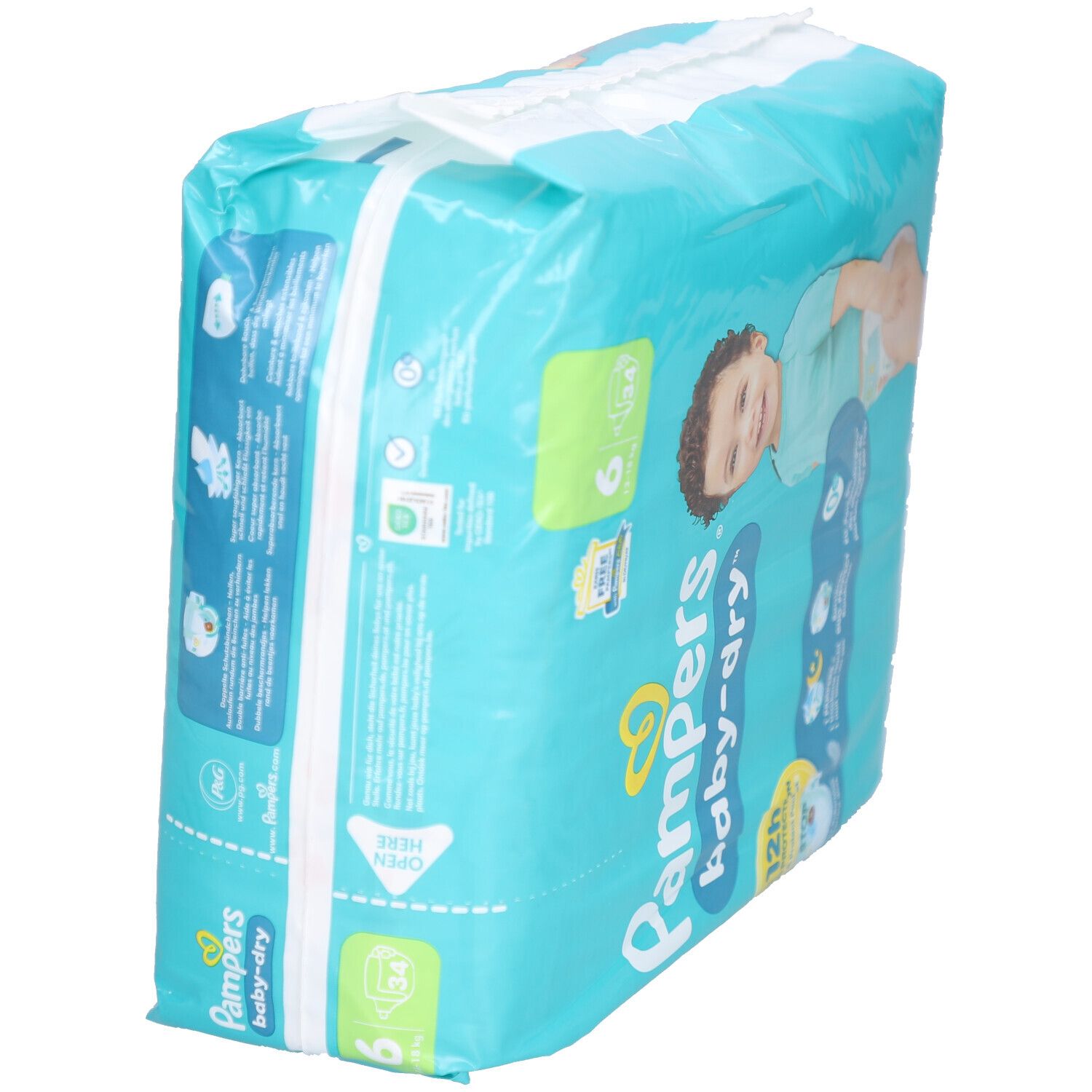 Pampers Baby-Dry Windelpackung, Größe 6. Seitenansicht der Verpackung. Produktname, Logos und Informationen.