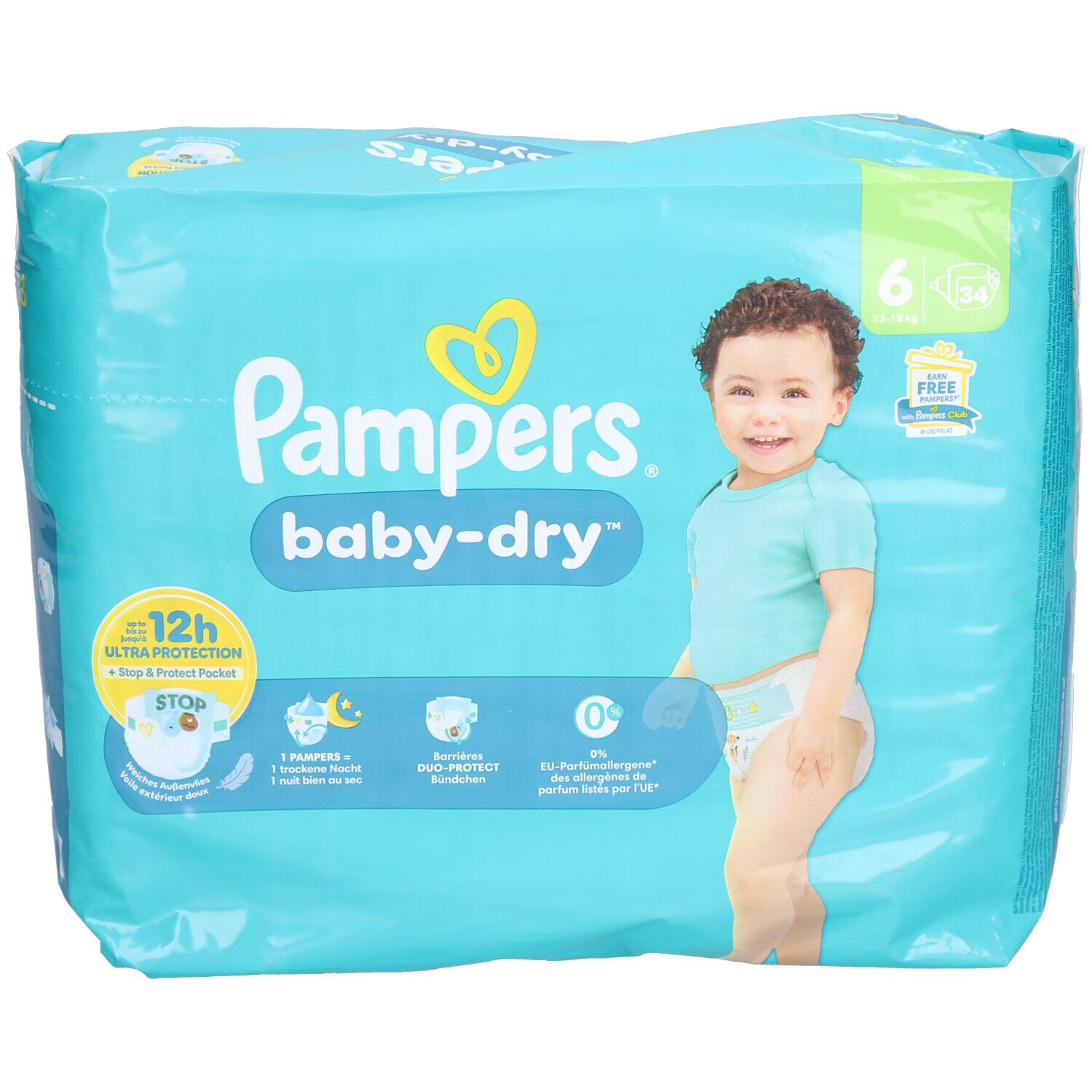 Pampers Baby-Dry Windeln, Größe 6, Packung. Hellblaue Verpackung mit Babyabbildung. Produktinformationen und Logos.