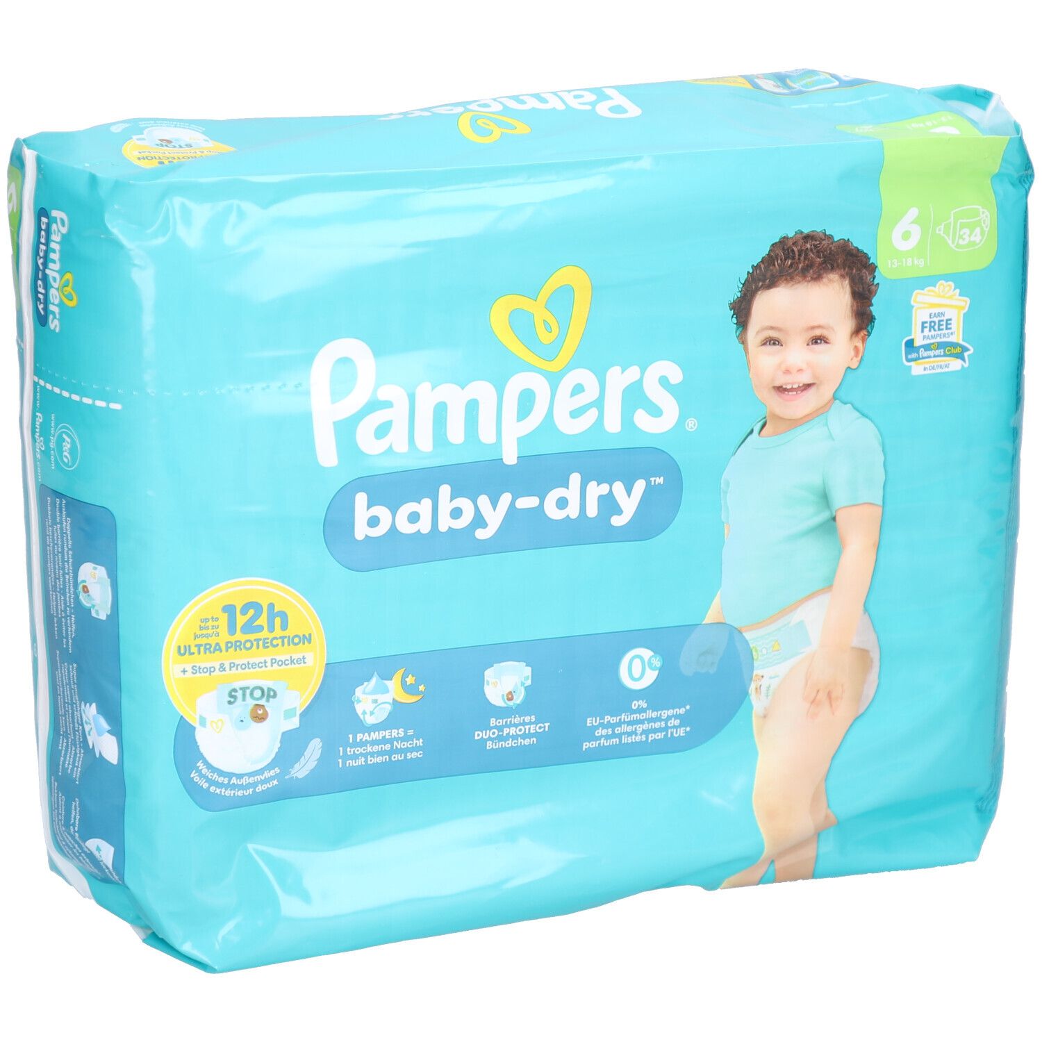 Pampers Baby-Dry Windeln, Größe 6, Packung. Hellblaue Verpackung mit Babyabbildung. Produktinformationen und Logos.