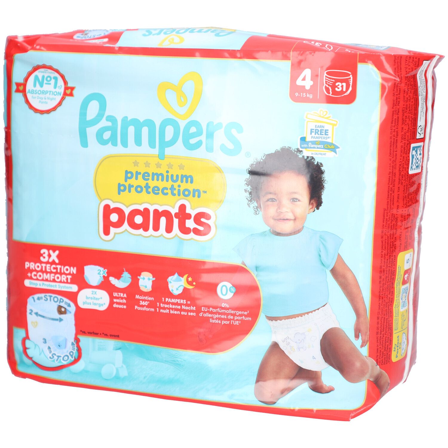 Pampers Premium Protection Pants, taille 4, 9-15 kg, Maxi, 31 pièces. Emballage avec bébé. Inscriptions: 3X Protection + Confort, N°1 Absorption.