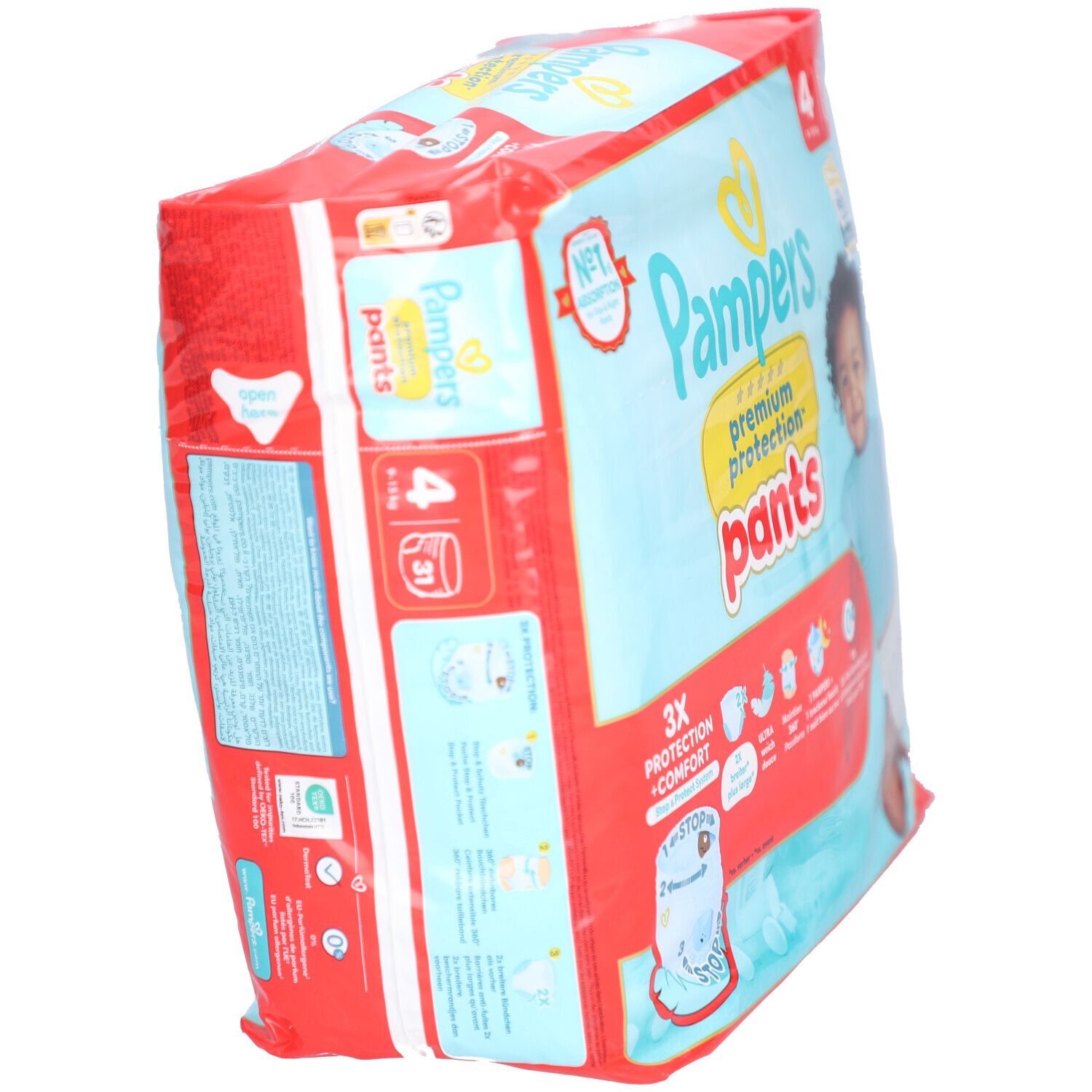 Pampers Premium Protection Pants, emballage incliné. Inscriptions: taille 4, 9-15 kg, 31 pièces. Détails et bébé. Emballage rouge et bleu.