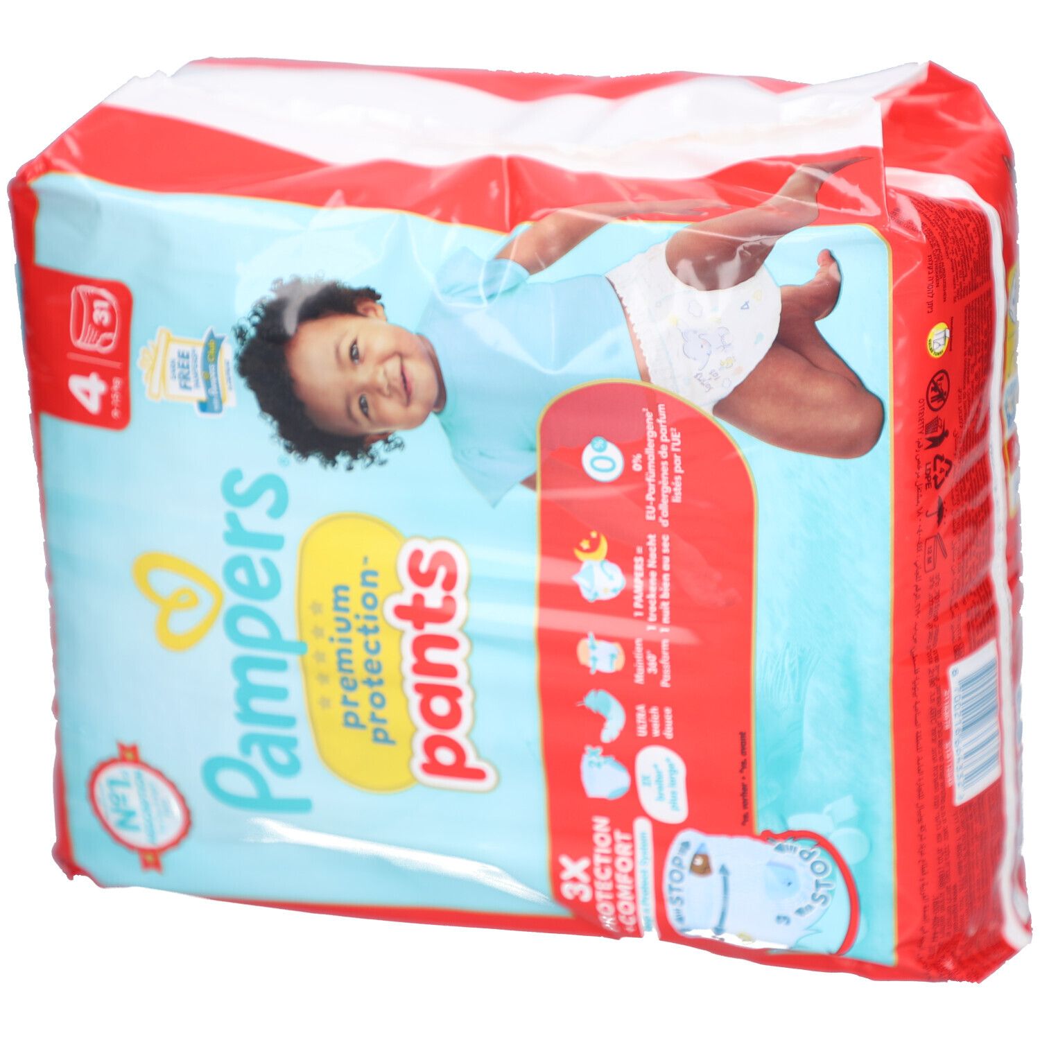 Pampers Premium Protection Pants, taille 4, 9-15 kg, Maxi, 31 pièces. Emballage avec bébé. Inscriptions: 3X Protection + Confort, N°1 Absorption.