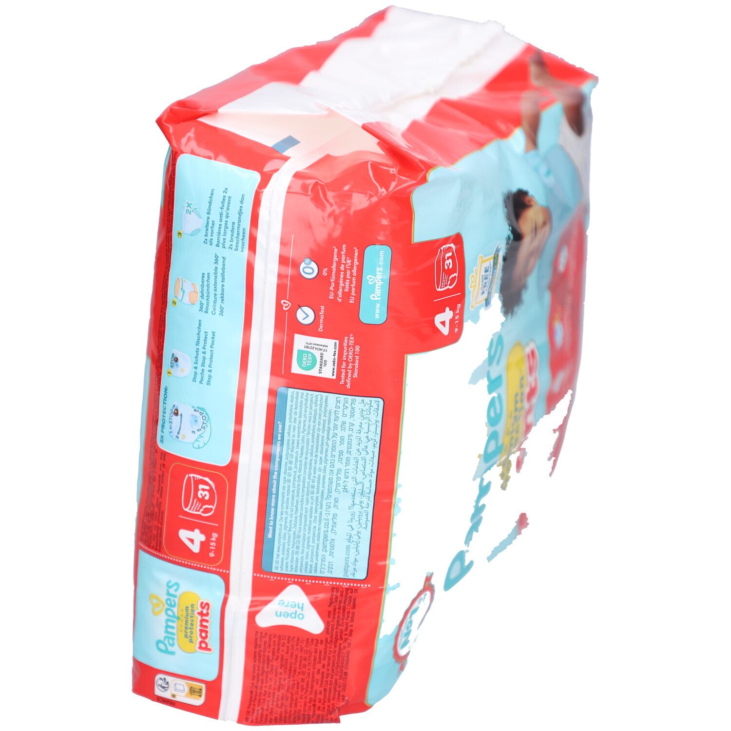 Pampers Premium Protection Pants, dos de l'emballage. Inscriptions: taille 4, 9-15 kg, 31 pièces. Détails et bébé. Emballage rouge et bleu.