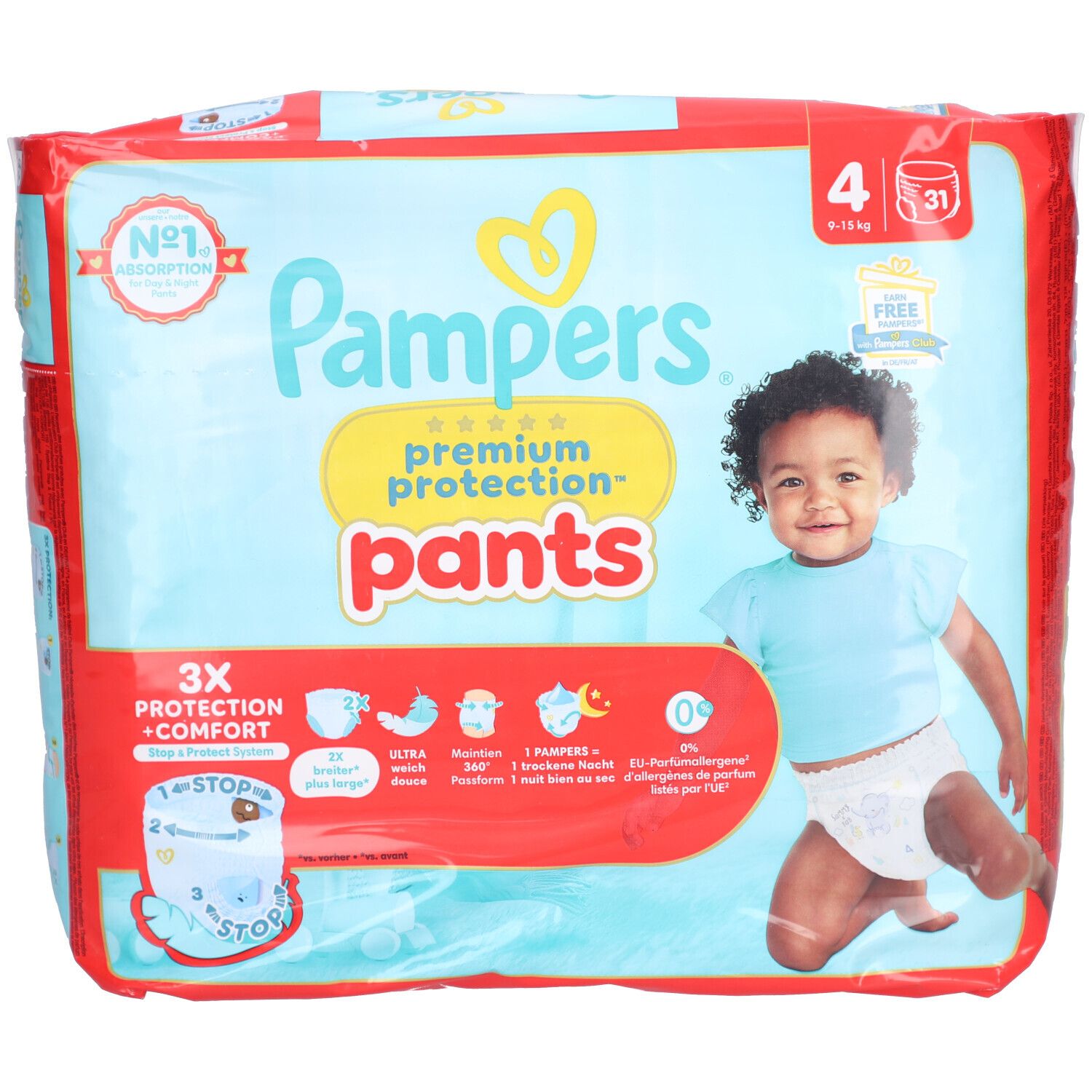 Pampers Premium Protection Pants, taille 4, 9-15 kg, Maxi, 31 pièces. Emballage avec bébé. Inscriptions: 3X Protection + Confort, N°1 Absorption.