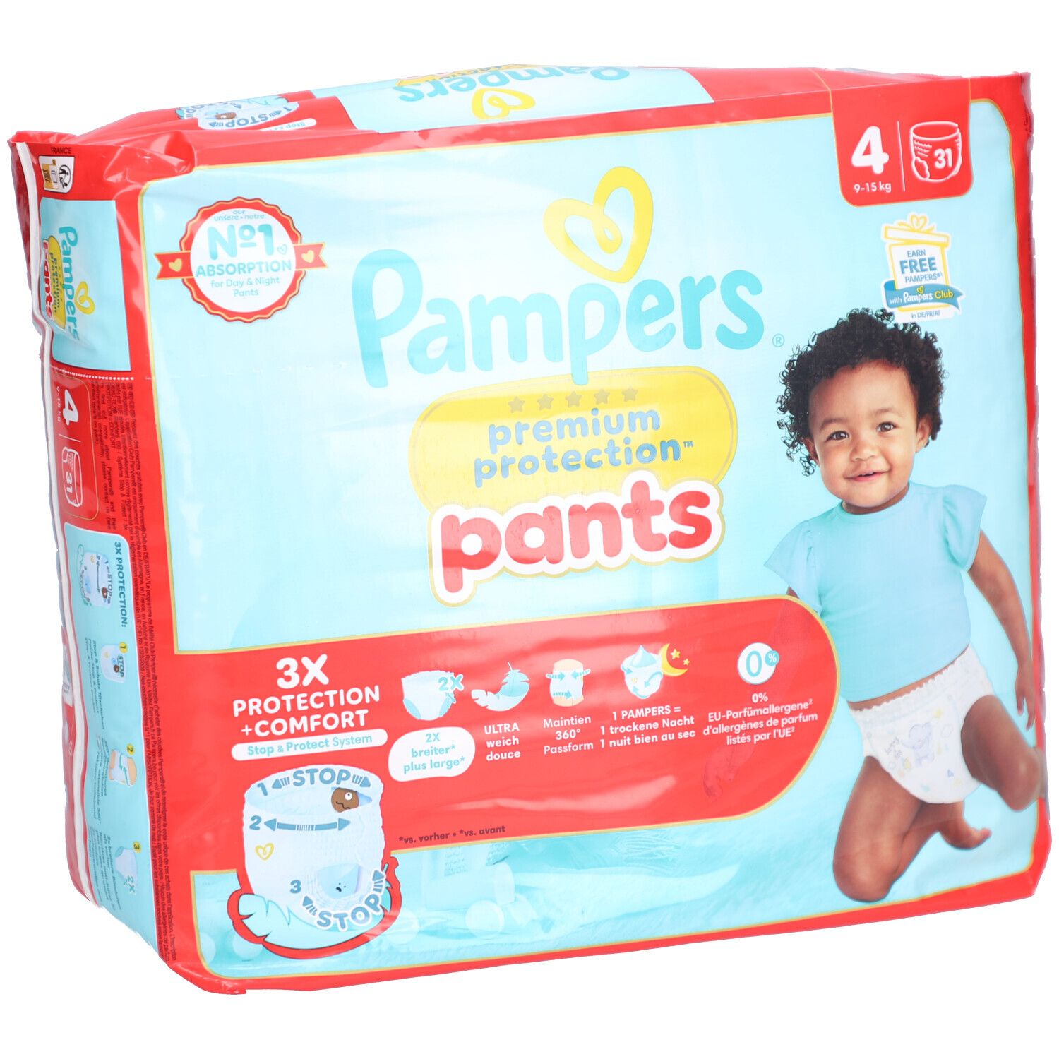 Pampers Premium Protection Pants, emballage incliné. Inscriptions: taille 4, 9-15 kg, 31 pièces. Détails et bébé. Emballage rouge et bleu.