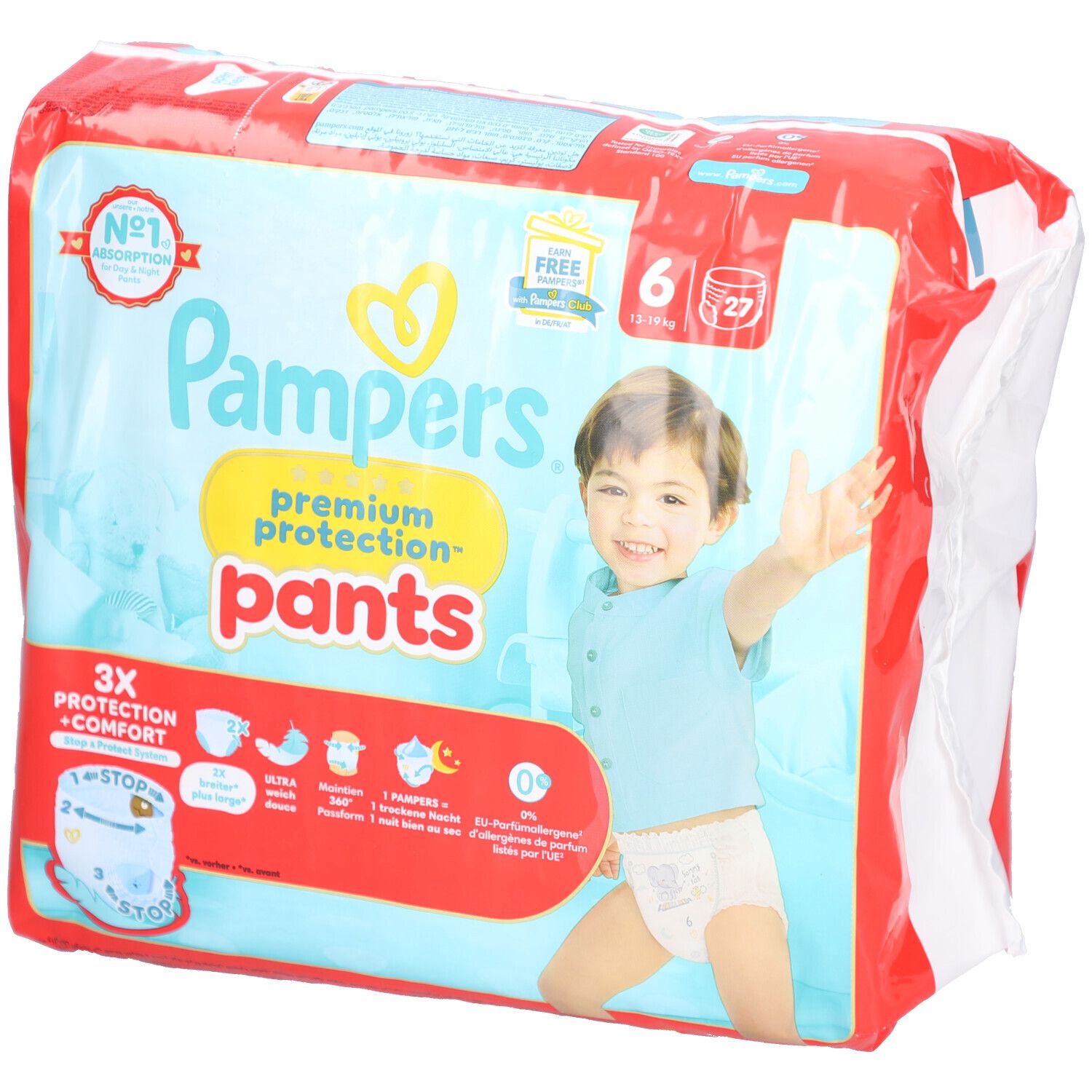 Paquet de Pampers Premium Protection Pants taille 6, 27 unités. Emballage avec image d'un bébé. Inscriptions : 3X protection + confort, N°1 absorption.