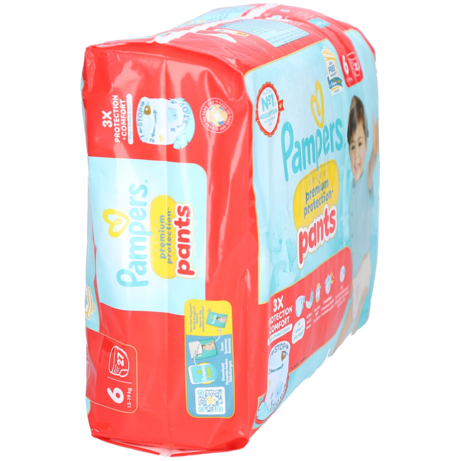 Pampers Premium Protection Pants, taille 6, 27 pièces. Emballage rouge avec image de bébé. Inscriptions : 3X protection + confort, N°1 absorption.