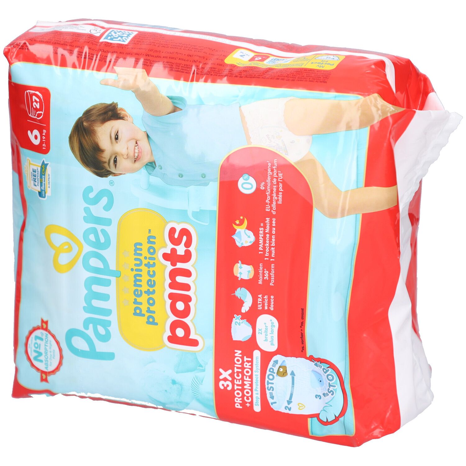 Pampers Premium Protection Pants, taille 6, 27 pièces. Emballage avec image de bébé. Inscriptions : 3X protection + confort, N°1 absorption.