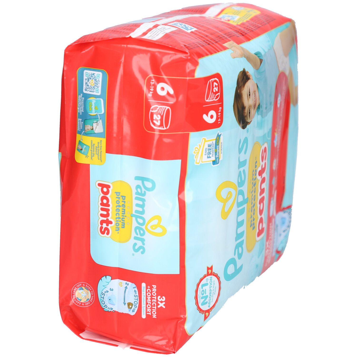 Pampers Premium Protection Pants, taille 6, 27 pièces. Emballage rouge avec image de bébé. Inscriptions : 3X protection + confort, N°1 absorption.