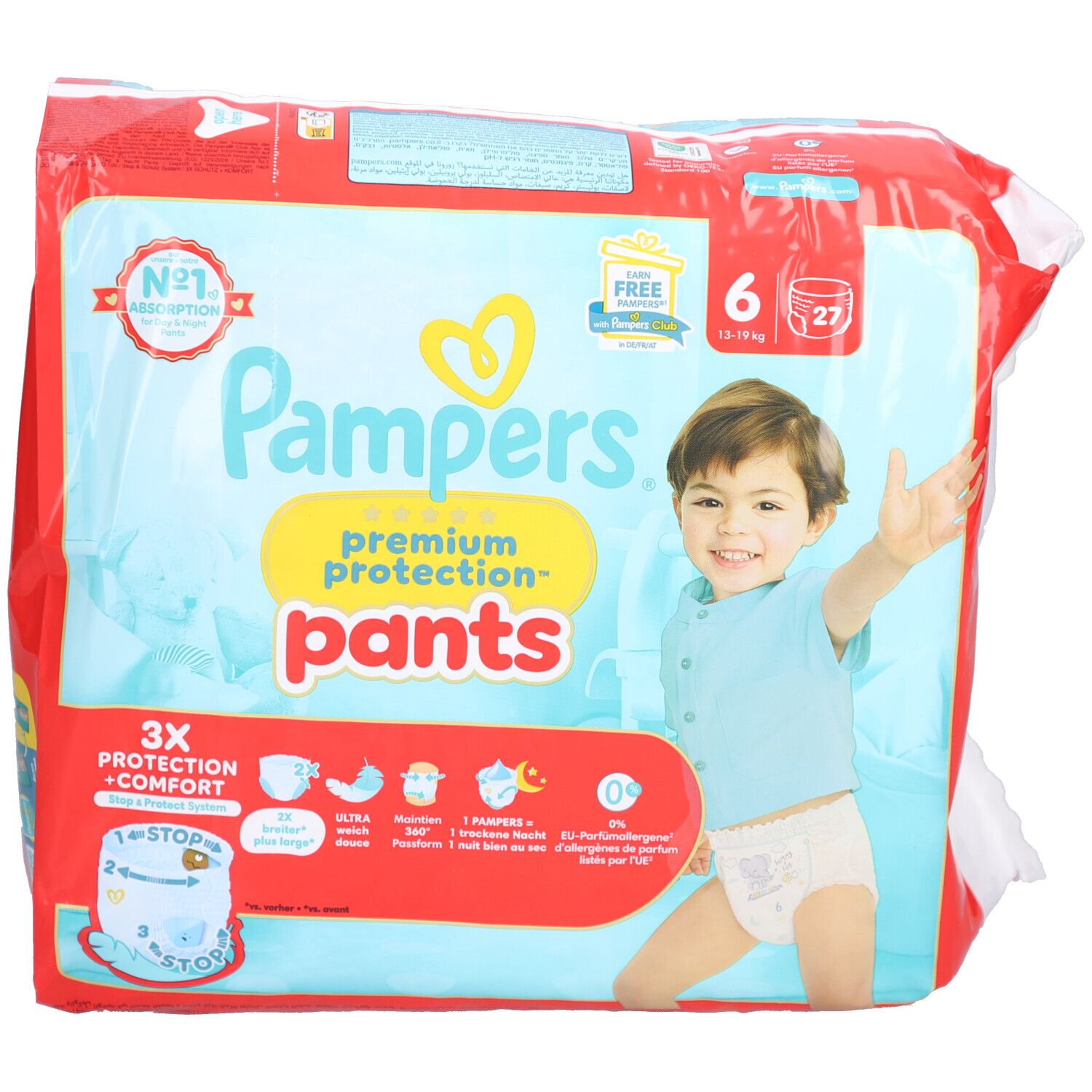 Pampers Premium Protection Pants, taille 6, 27 pièces. Emballage avec image de bébé. Inscriptions : 3X protection + confort, N°1 absorption.