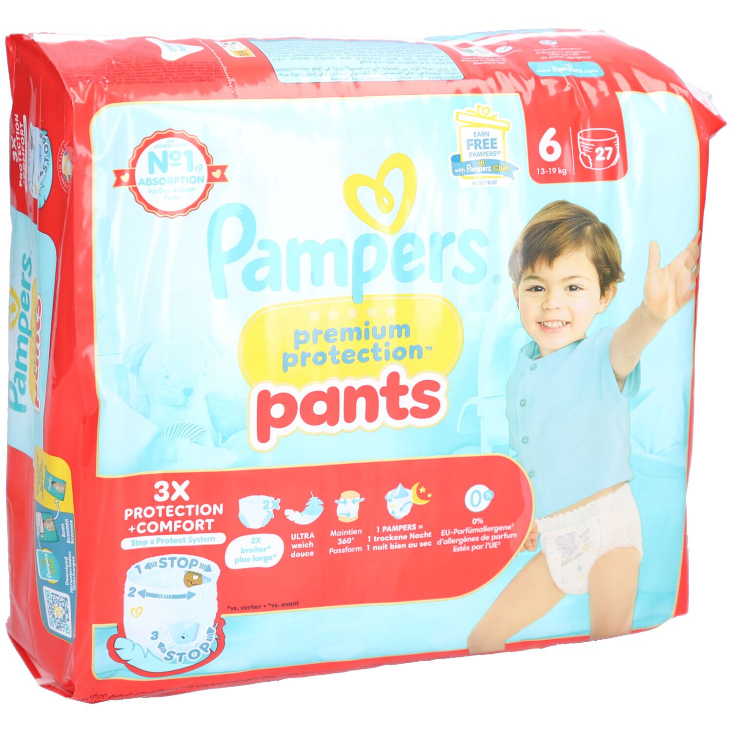 Pampers Premium Protection Pants, taille 6, 27 pièces. Emballage avec image de bébé. Inscriptions : 3X protection + confort, N°1 absorption.