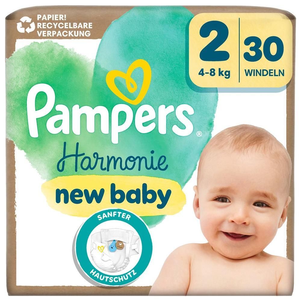 Pampers Harmonie New Baby Windeln, Gr. 2, 4-8 kg. Verpackung mit Baby-Illustration. Papier-Recycling-Symbol.