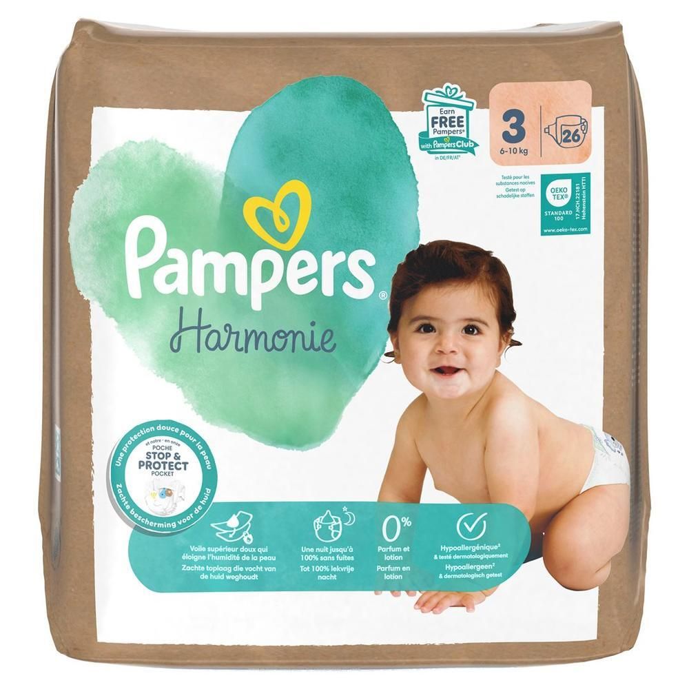 Paquet de couches Pampers Harmonie, taille 3 (6-10 kg), 26 unités. Emballage avec bébé et informations produit.