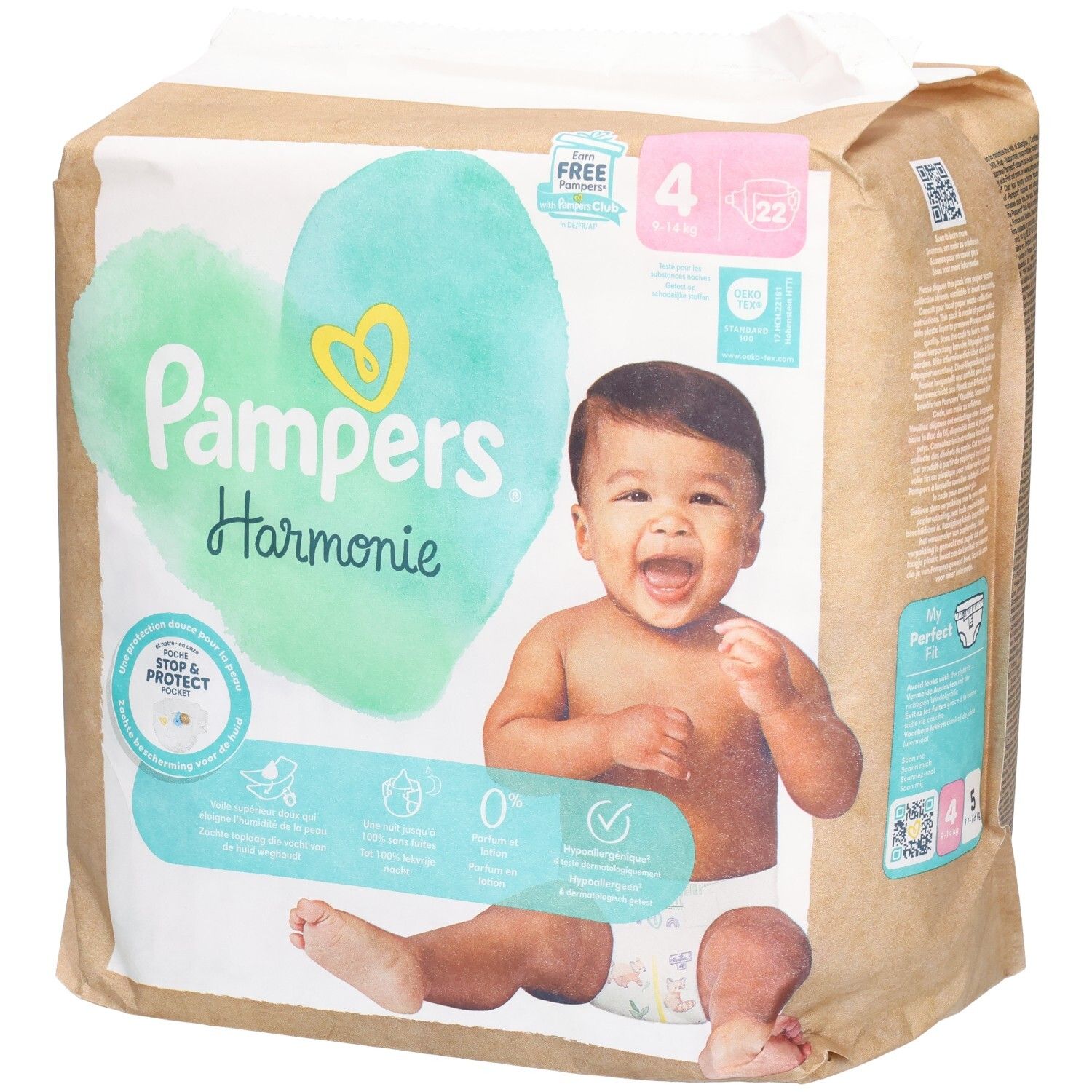 Paquet de couches Pampers Harmonie Gr. 4 (22 pièces). Bébé souriant, cœur, Stop & Protect, 0%. Emballage.