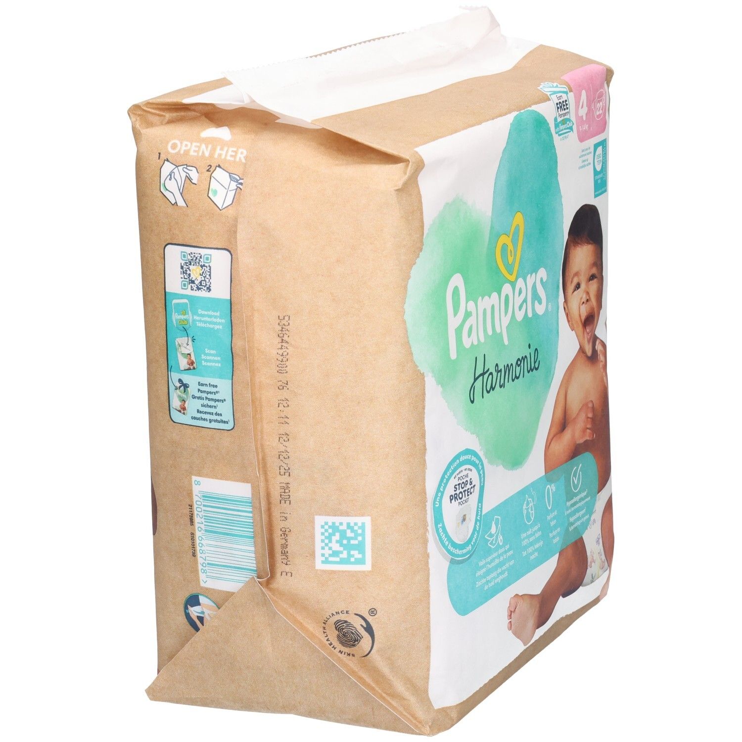 Paquet de couches Pampers Harmonie, vue latérale. Bébé, cœur, Stop & Protect, 0%. Emballage.