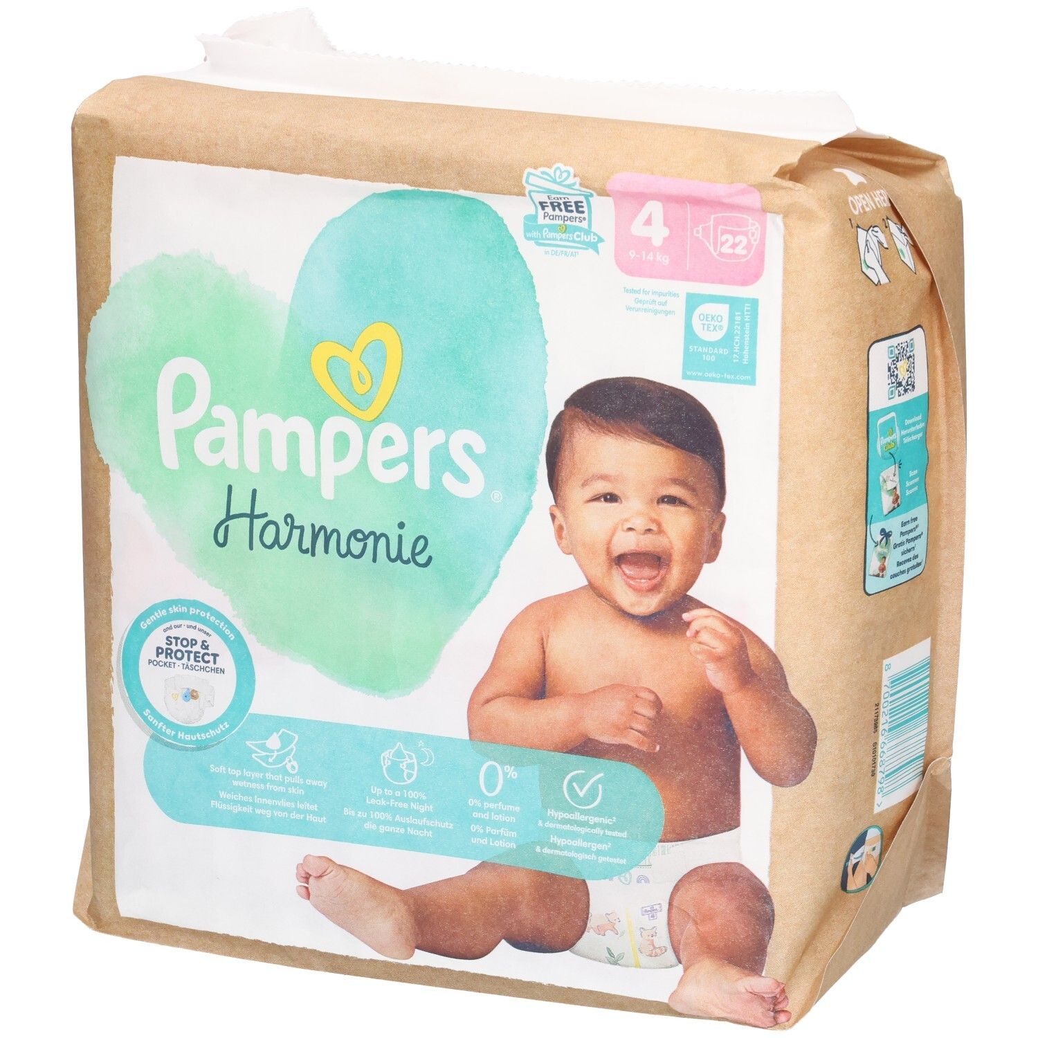 Paquet de couches Pampers Harmonie Gr. 4 (22 pièces). Bébé, cœur, Stop & Protect, 0%. Emballage.
