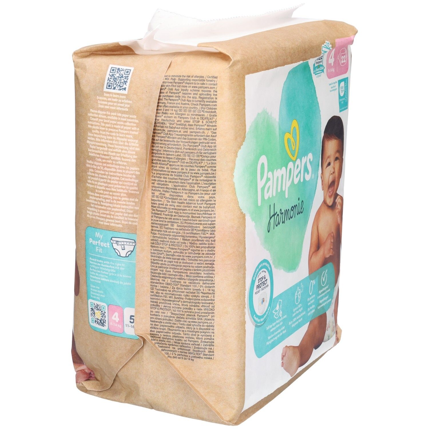 Paquet de couches Pampers Harmonie, dos. Bébé, cœur, Stop & Protect, 0%. Emballage.